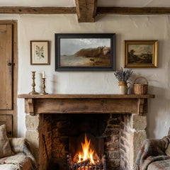 Late Victorian English Oil Painting, Beach Scene With Horses, Figures & Building