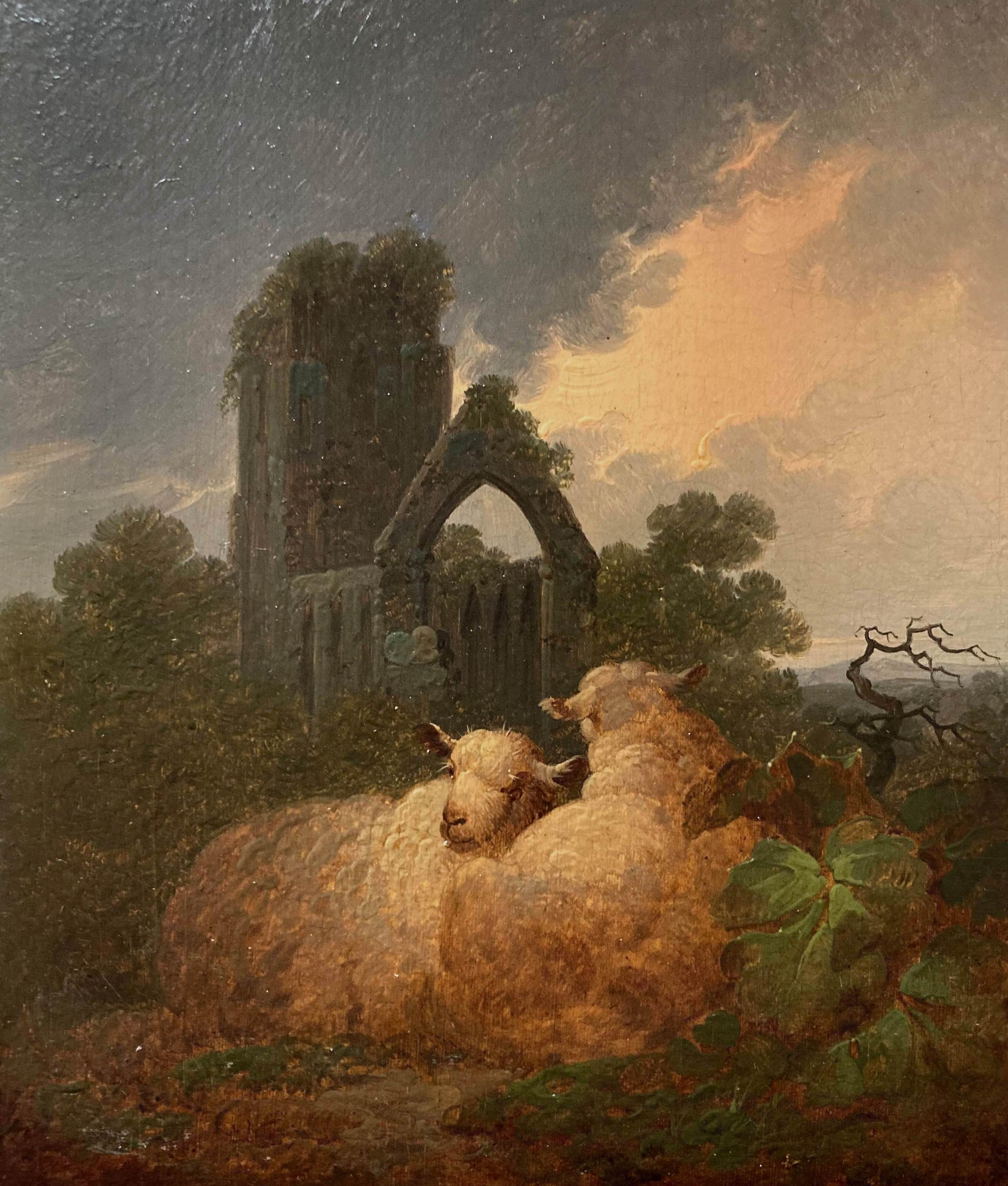 Edward Robert Smythe Animal Painting - "Sheep grazing near abbey"