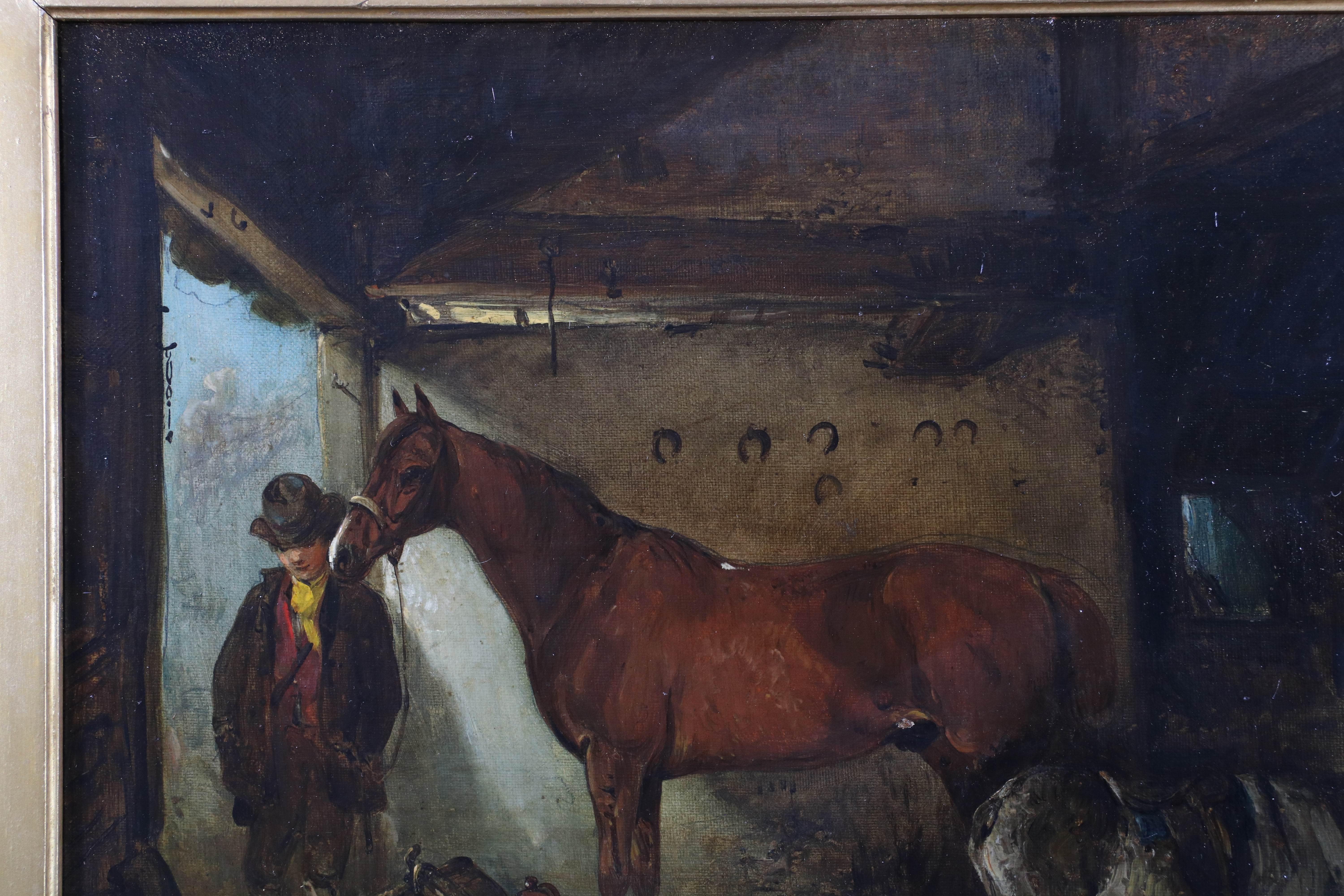 The Blacksmiths Workshop with Horses, Dogs, Farmer and Anvil, beautiful oil - Victorian Art by Edward Robert Smythe