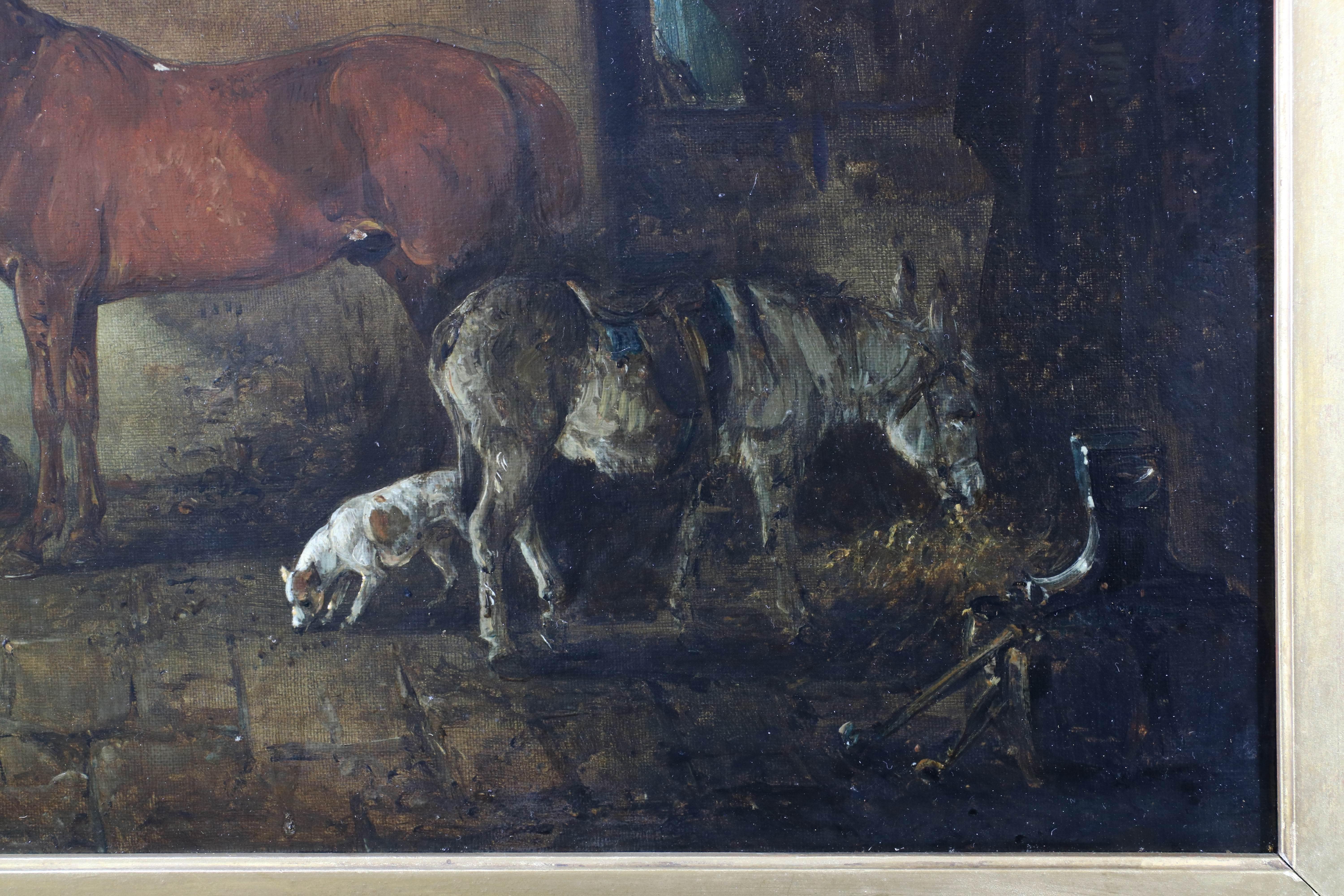 The Blacksmiths Workshop with Horses, Dogs, Farmer and Anvil, beautiful oil 1