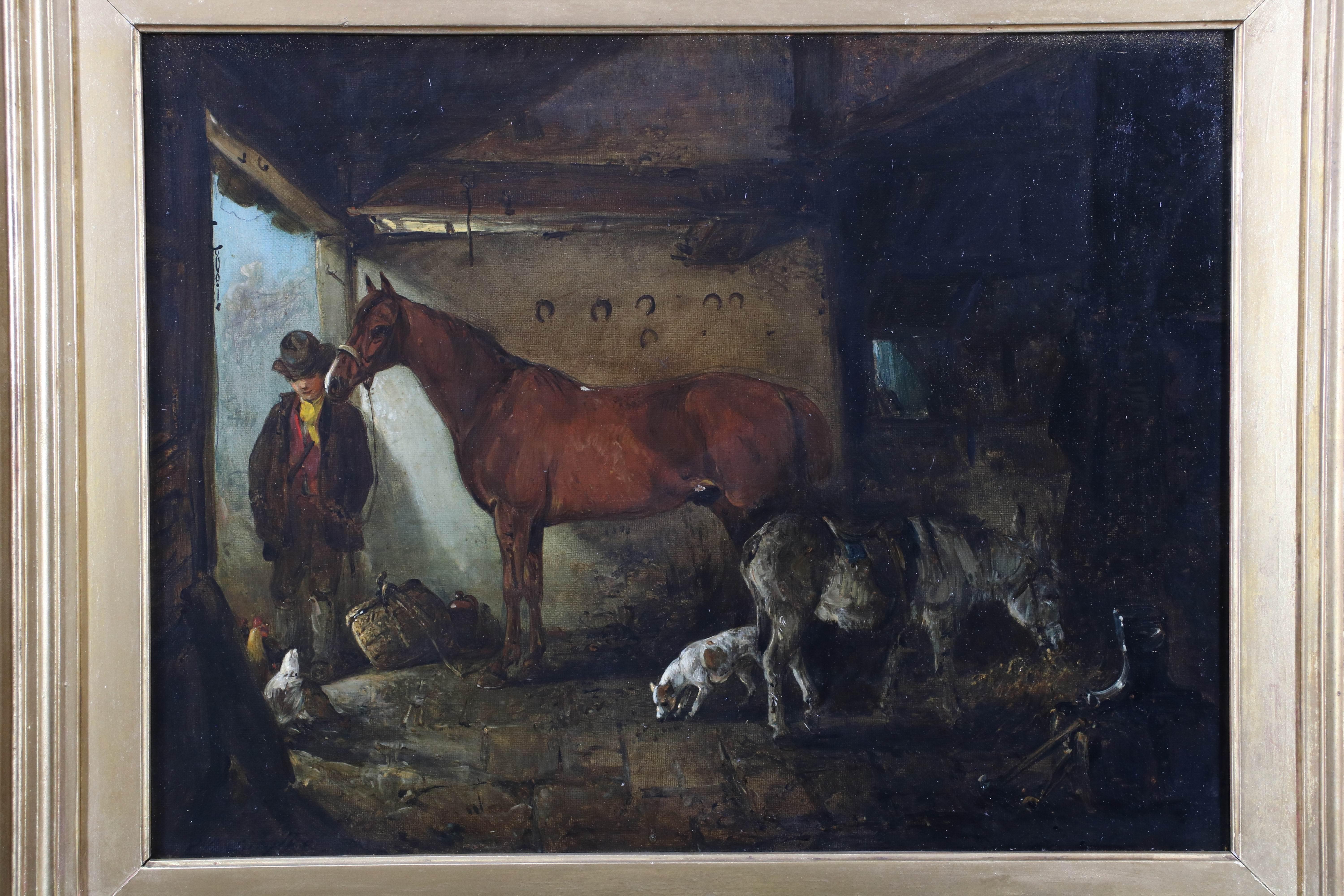 The Blacksmiths Workshop with Horses, Dogs, Farmer and Anvil, beautiful oil 3