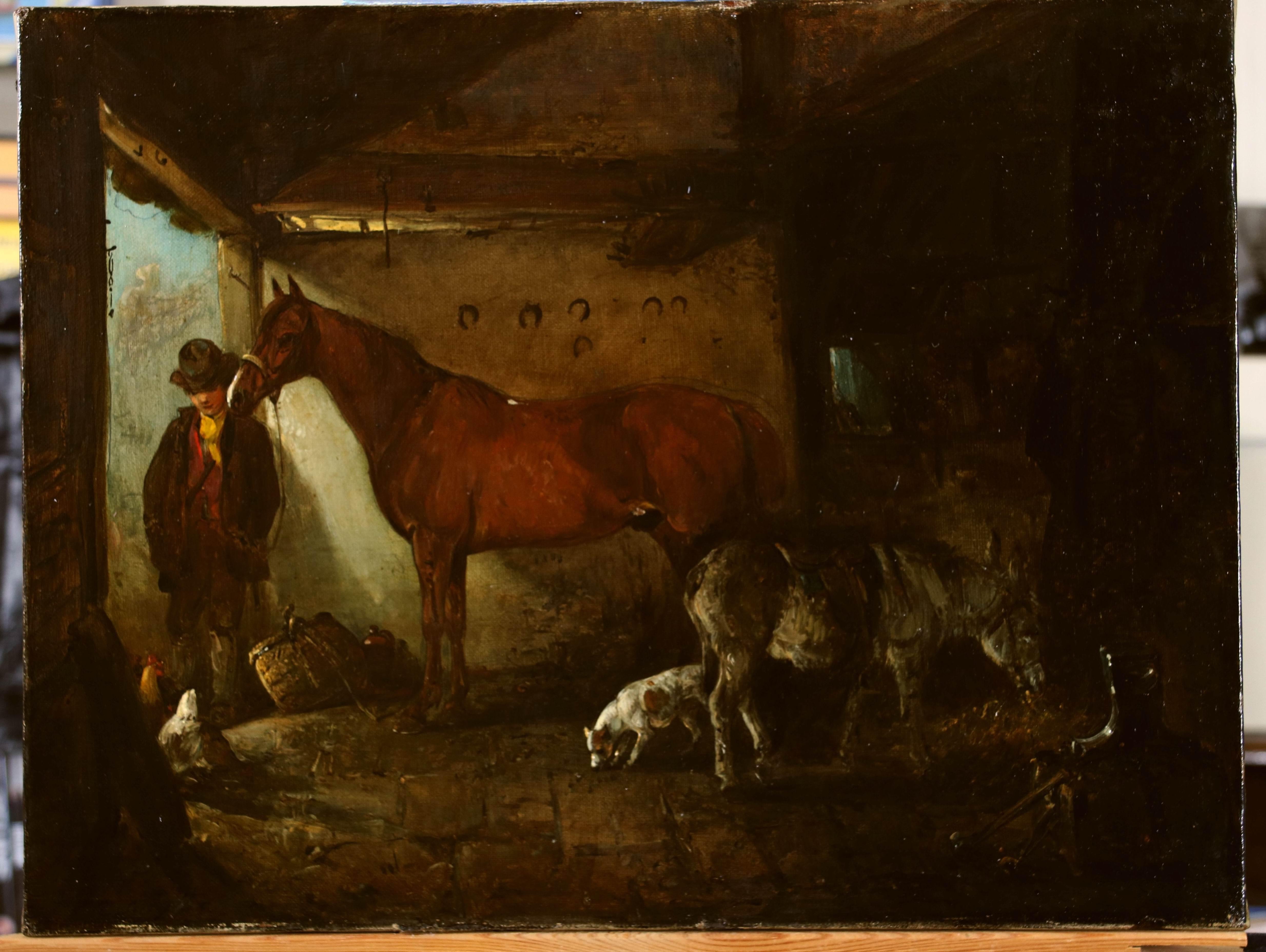 The Blacksmiths Workshop with Horses, Dogs, Farmer and Anvil, beautiful oil - Art by Edward Robert Smythe
