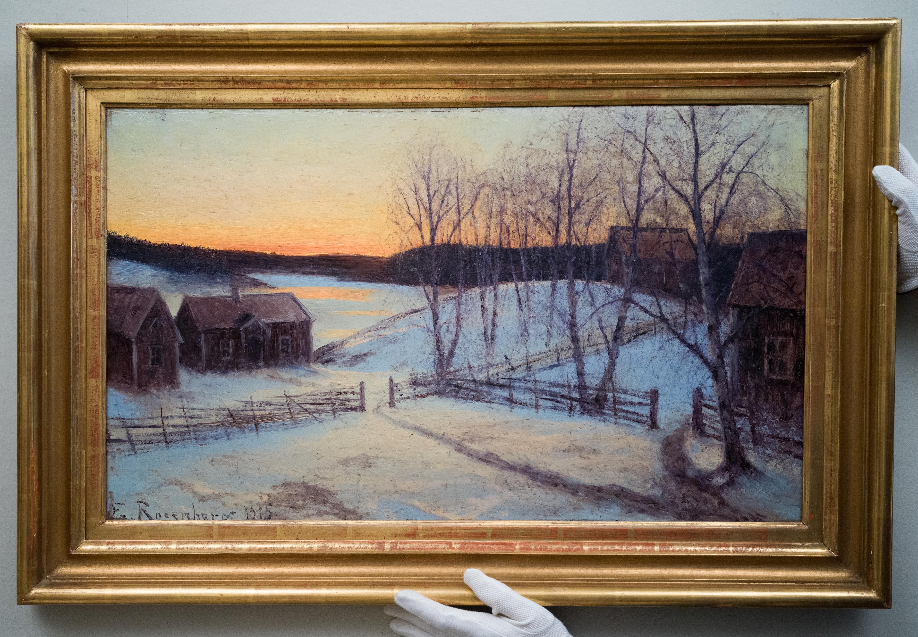 Atardecer en el pueblo del artista sueco Edward Rosenberg, 1915, óleo sobre lienzo en venta 2
