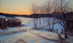 Sunset in the Village by Swedish Artist Edward Rosenberg, 1915, Oil on Canvas