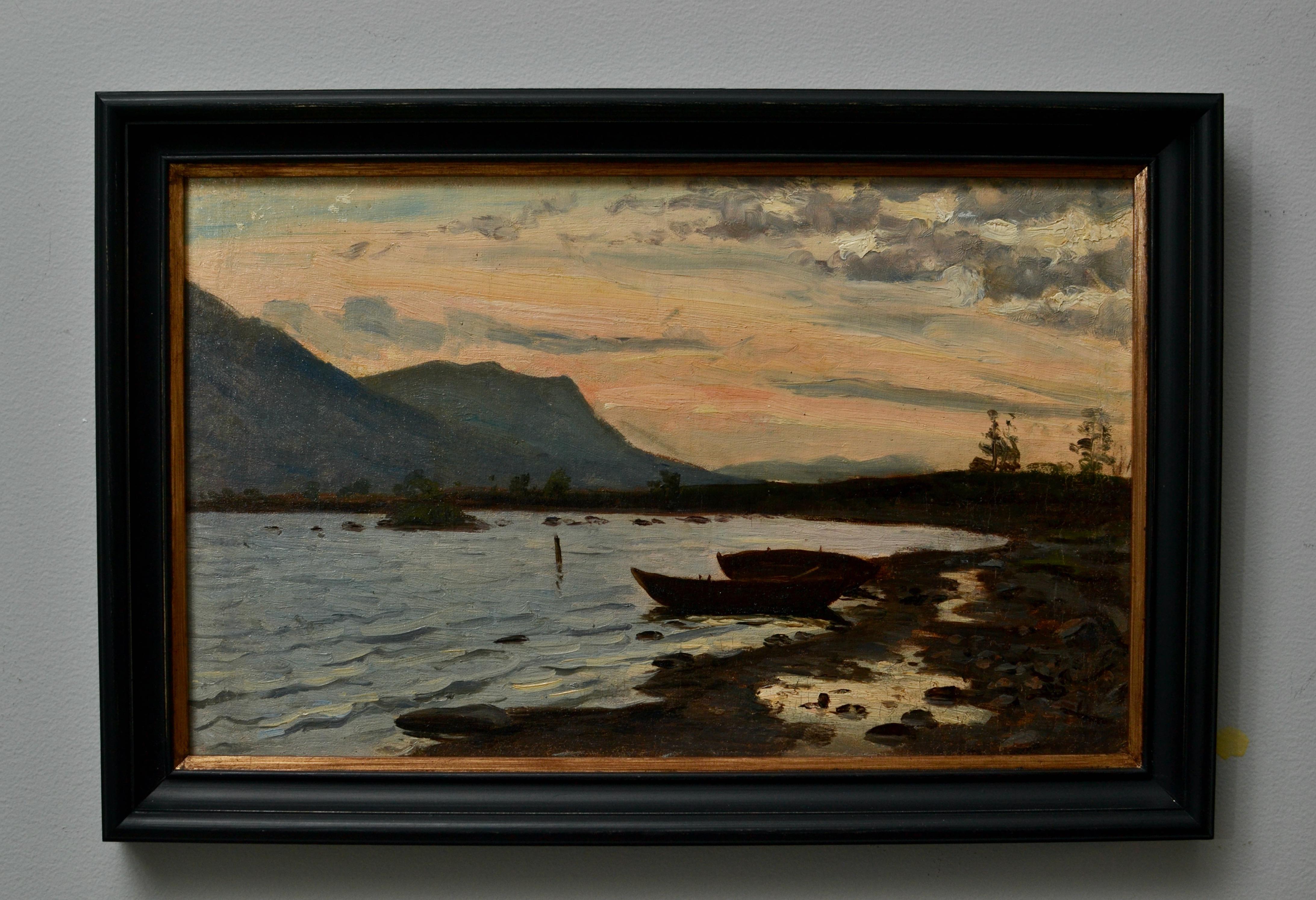 Tramonto svedese su lago e montagne - Painting Naturalismo di Edward Rosenberg