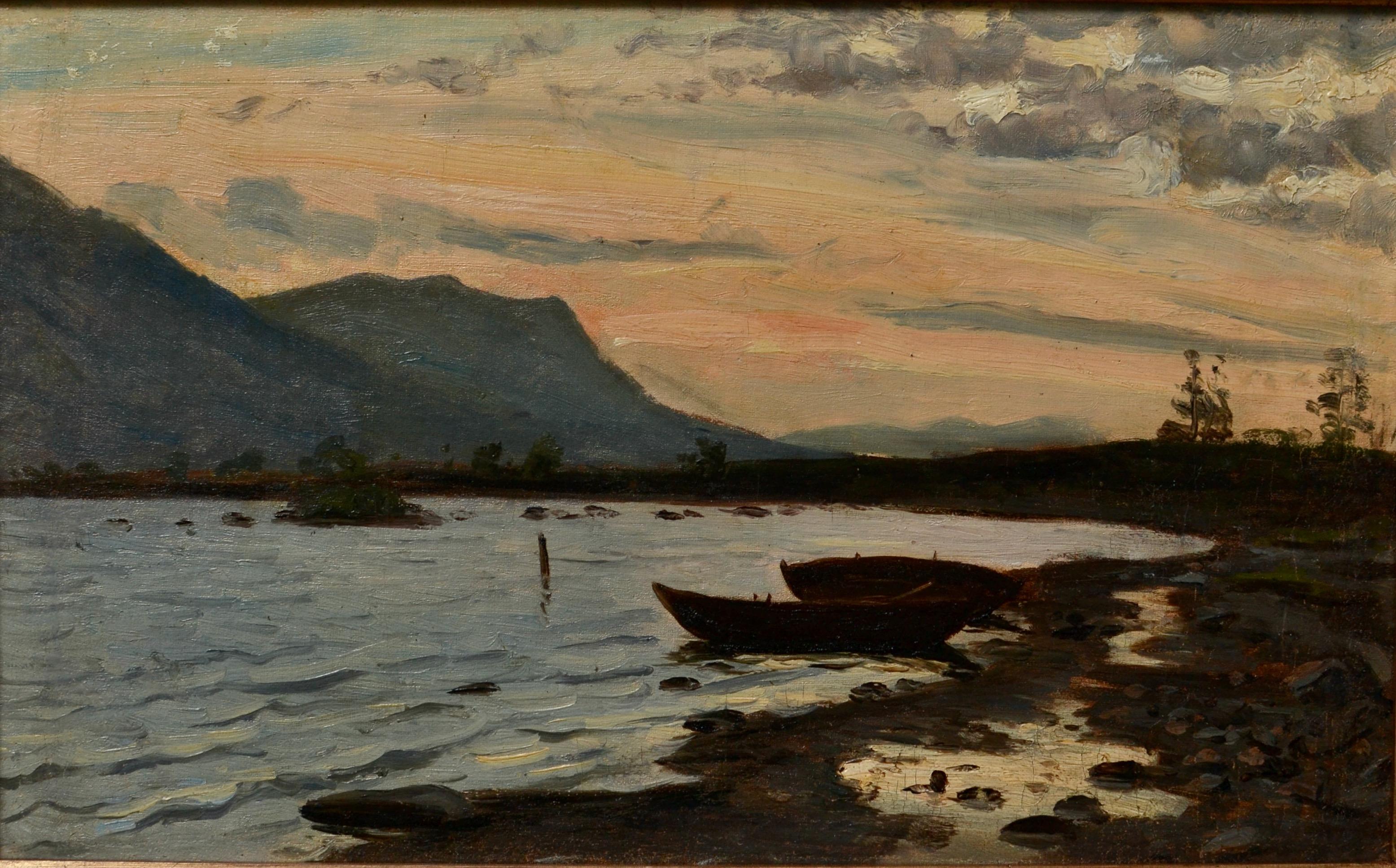 Studio a olio di un lago e delle montagne durante il tramonto di Edward Rosenberg (1858-1934). Si tratta di uno studio a olio per un dipinto più grande realizzato da Rosenberg. In tergo è scritto 