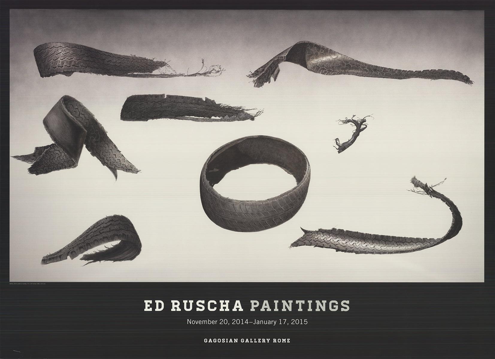 This poster, created for Ed Ruscha’s exhibition at Gagosian Gallery in Rome, features a striking image of parts of a tire ripped apart, set against a beige surface. The artwork’s fragmented depiction of the tire evokes themes of disintegration,