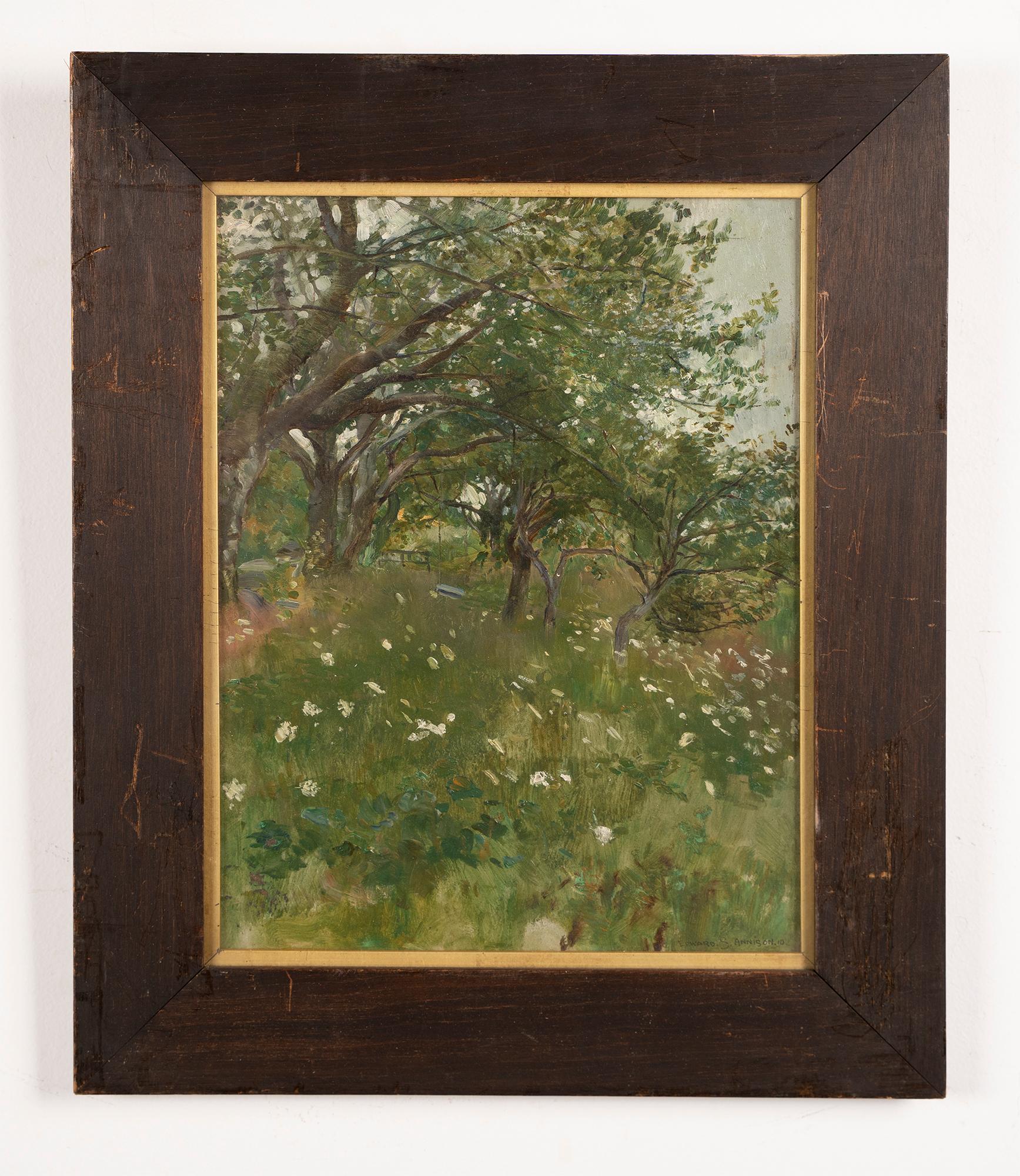 Ancienne peinture à l'huile américaine encadrée de paysage, Plein Aire, impressionniste, signée - Impressionnisme Painting par Edward S Annison