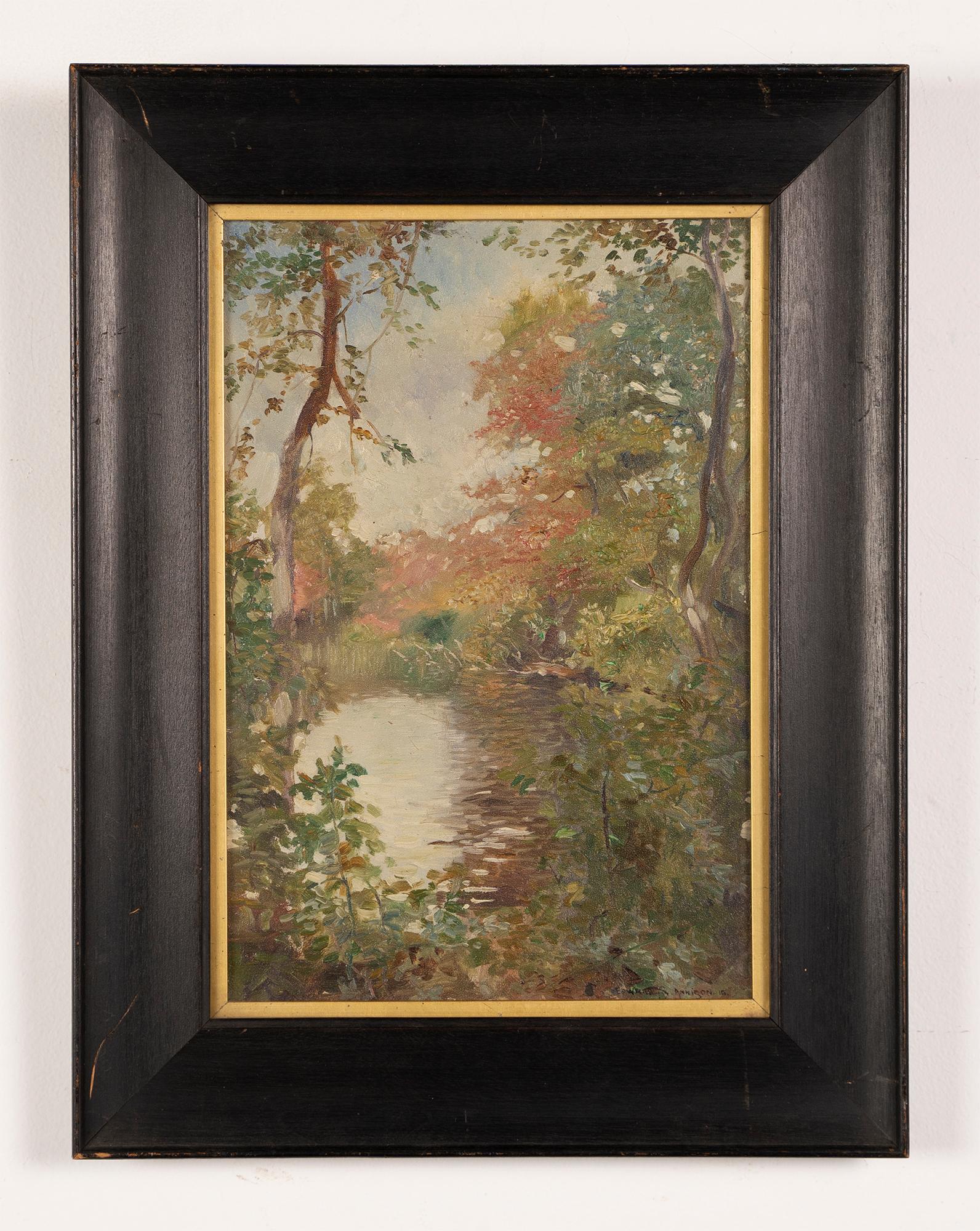 Ancienne peinture à l'huile impressionniste américaine Plein Aire, signée, encadrée de paysage - Impressionnisme Painting par Edward S Annison
