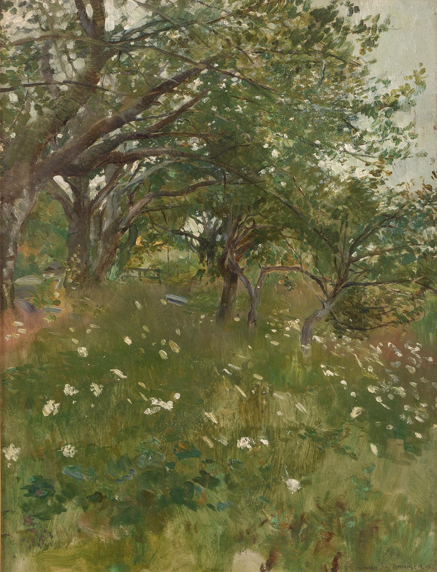 Ancienne peinture à l'huile américaine encadrée de paysage, Plein Aire, impressionniste, signée - Noir Landscape Painting par Edward S Annison