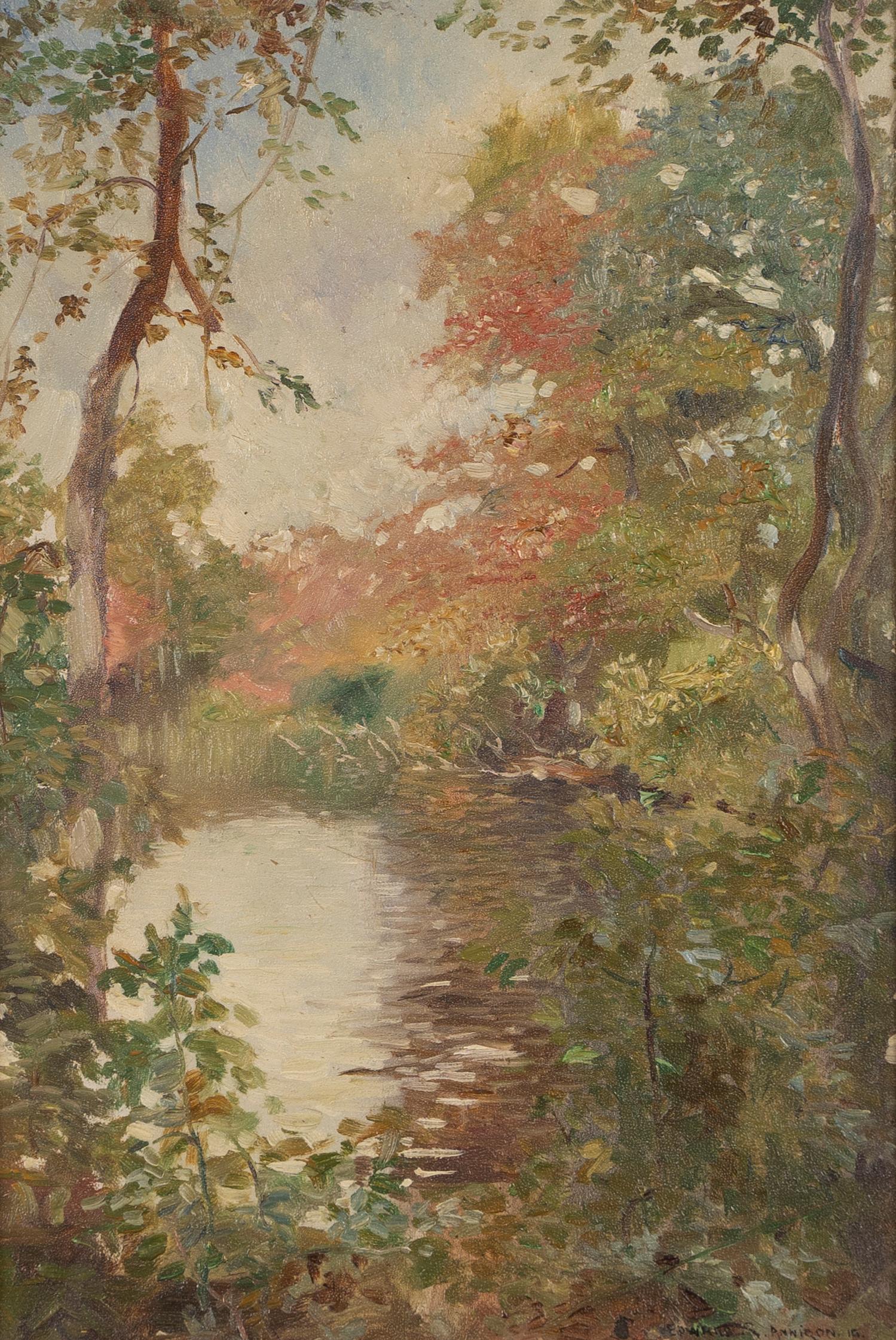 Ancienne peinture à l'huile impressionniste américaine Plein Aire, signée, encadrée de paysage - Noir Landscape Painting par Edward S Annison