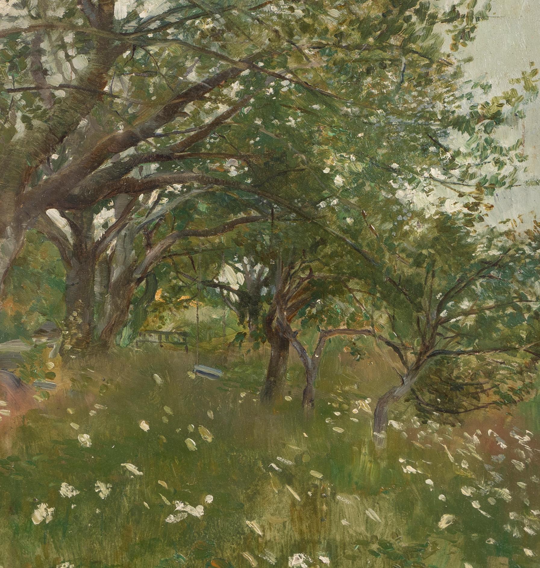 Antique American impressionist flower landscape oil painting by Edward S Annison.  Oil on board, circa 1910.  Signé.  Image size, 9L x 12H.  Housed in a period  frame.