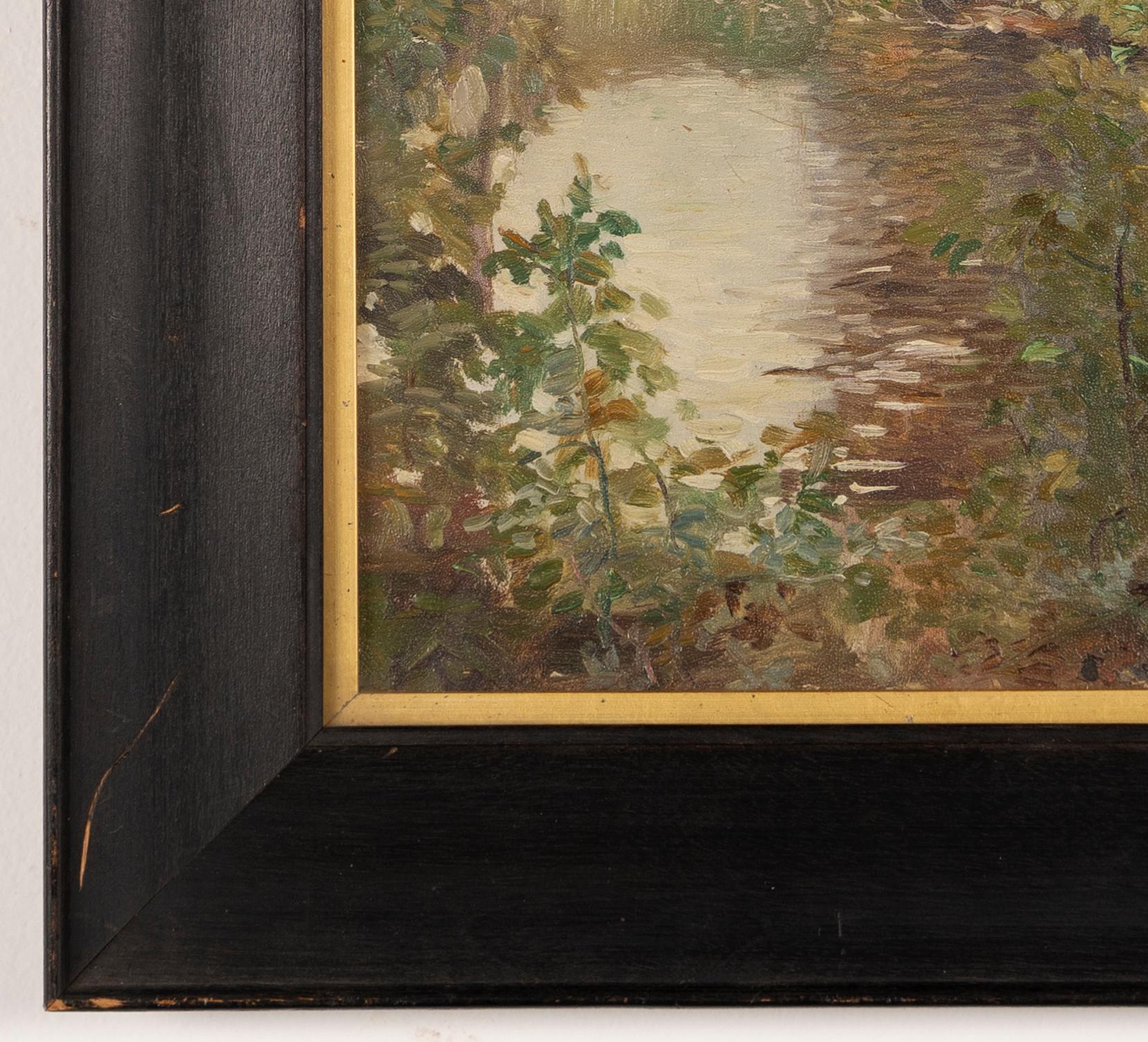 Ancienne peinture à l'huile de paysage impressionniste américain par Edward S Annison.  Huile sur carton, vers 1910.  Signé.  Taille de l'image : 8L x 12H.  Installé dans un bâtiment d'époque  cadre.
