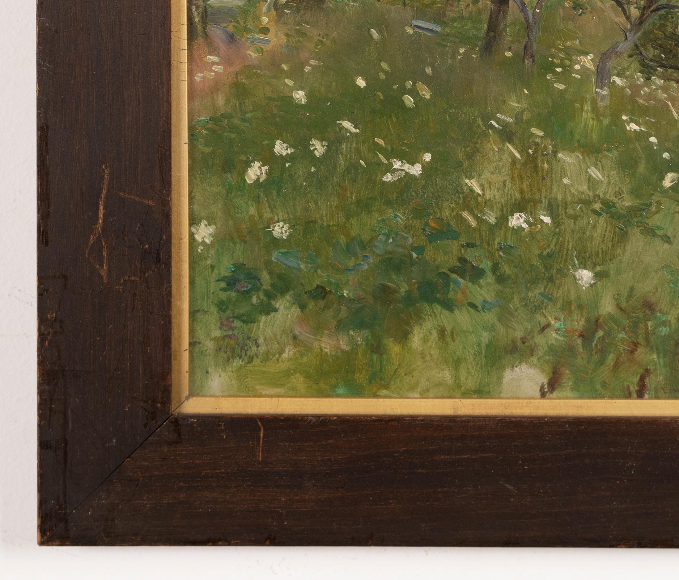 Antique American impressionist flower landscape oil painting by Edward S Annison.  Oil on board, circa 1910.  Signed.  Image size, 9L x 12H.  Housed in a period  frame.