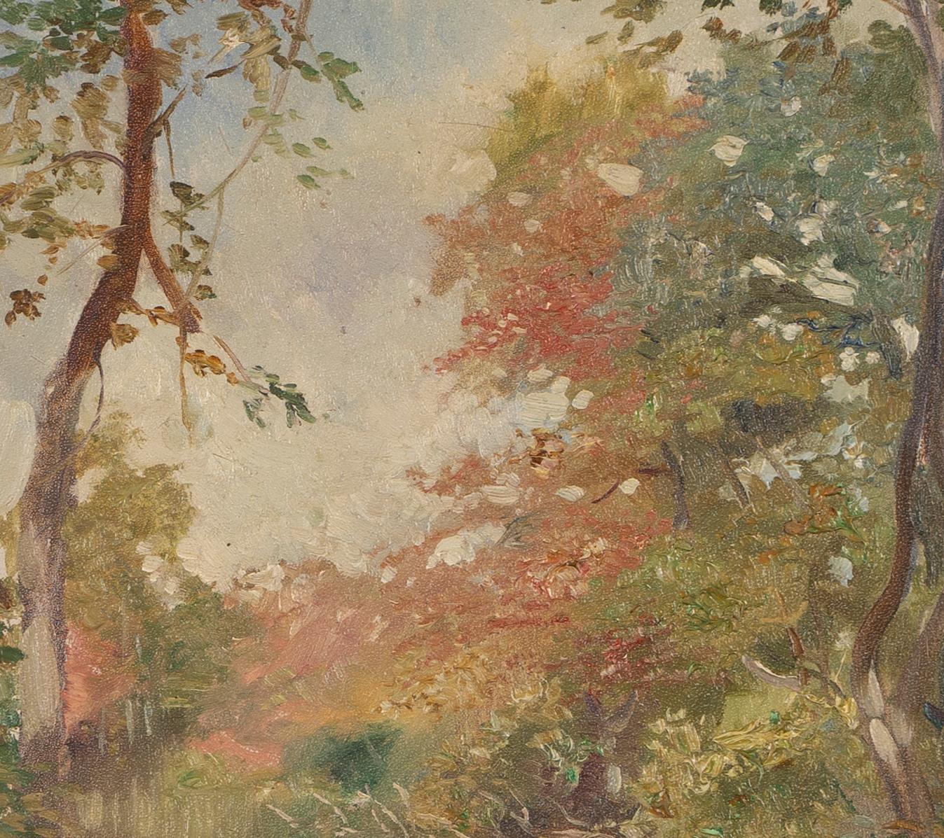 Antique American impressionist landscape oil painting by Edward S Annison.  Oil on board, circa 1910.  Signed.  Image size, 8L x 12H.  Housed in a period  frame.