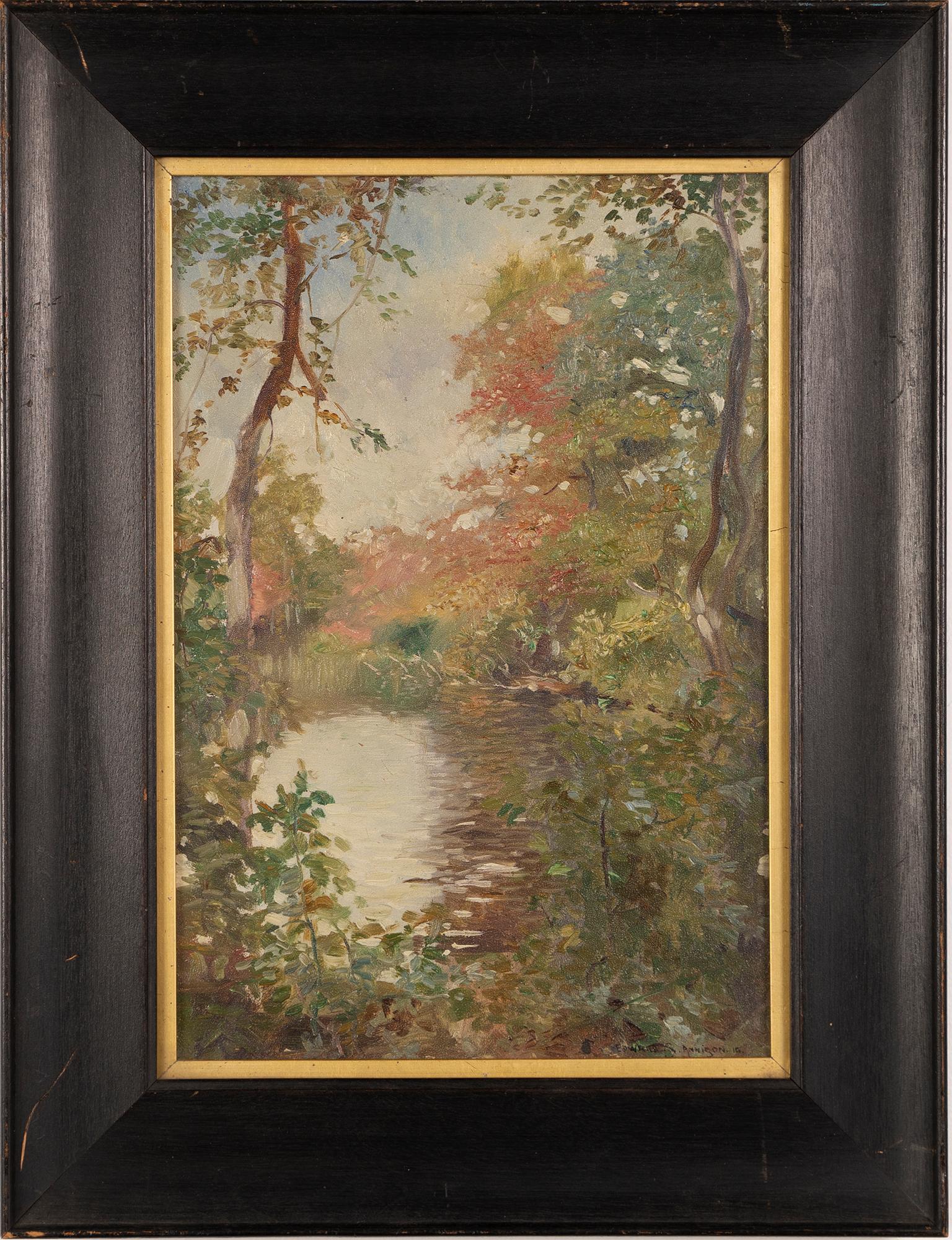 Landscape Painting Edward S Annison - Ancienne peinture à l'huile impressionniste américaine Plein Aire, signée, encadrée de paysage