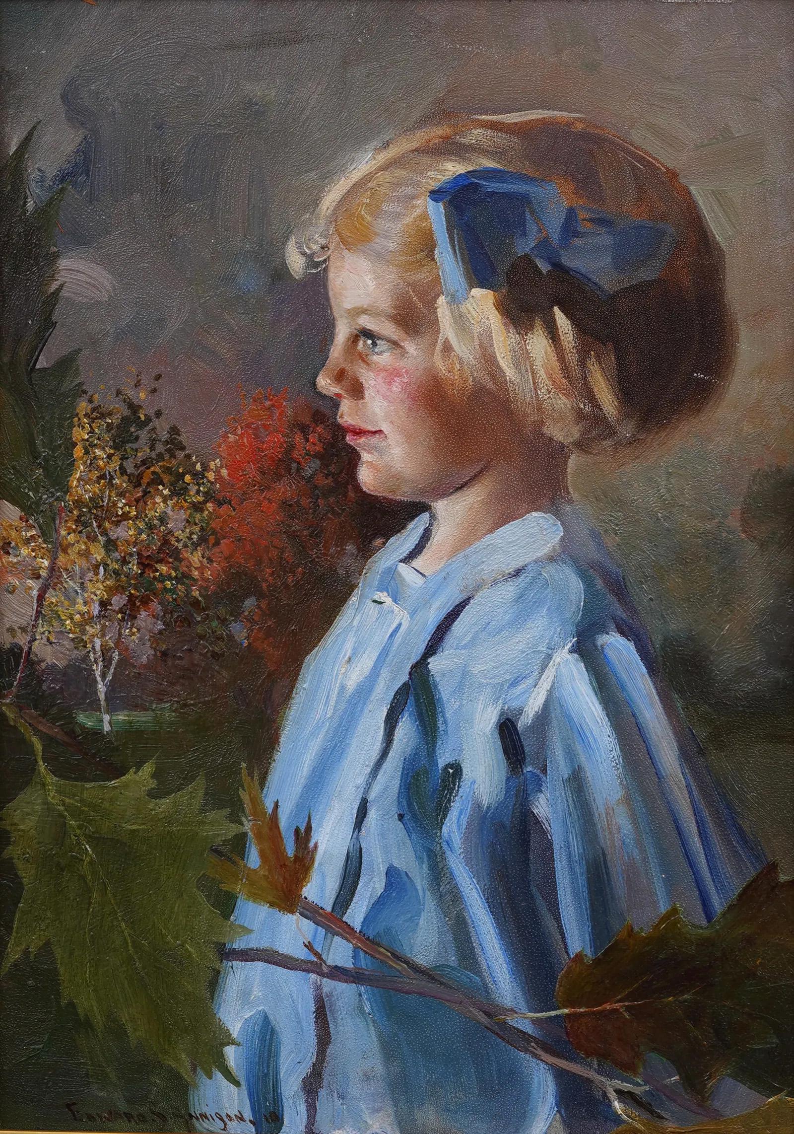Pintura antigua de la escuela americana del siglo XIX firmada Retrato de chica joven enmarcado - Portrait Painting Negro de Edward S Annison