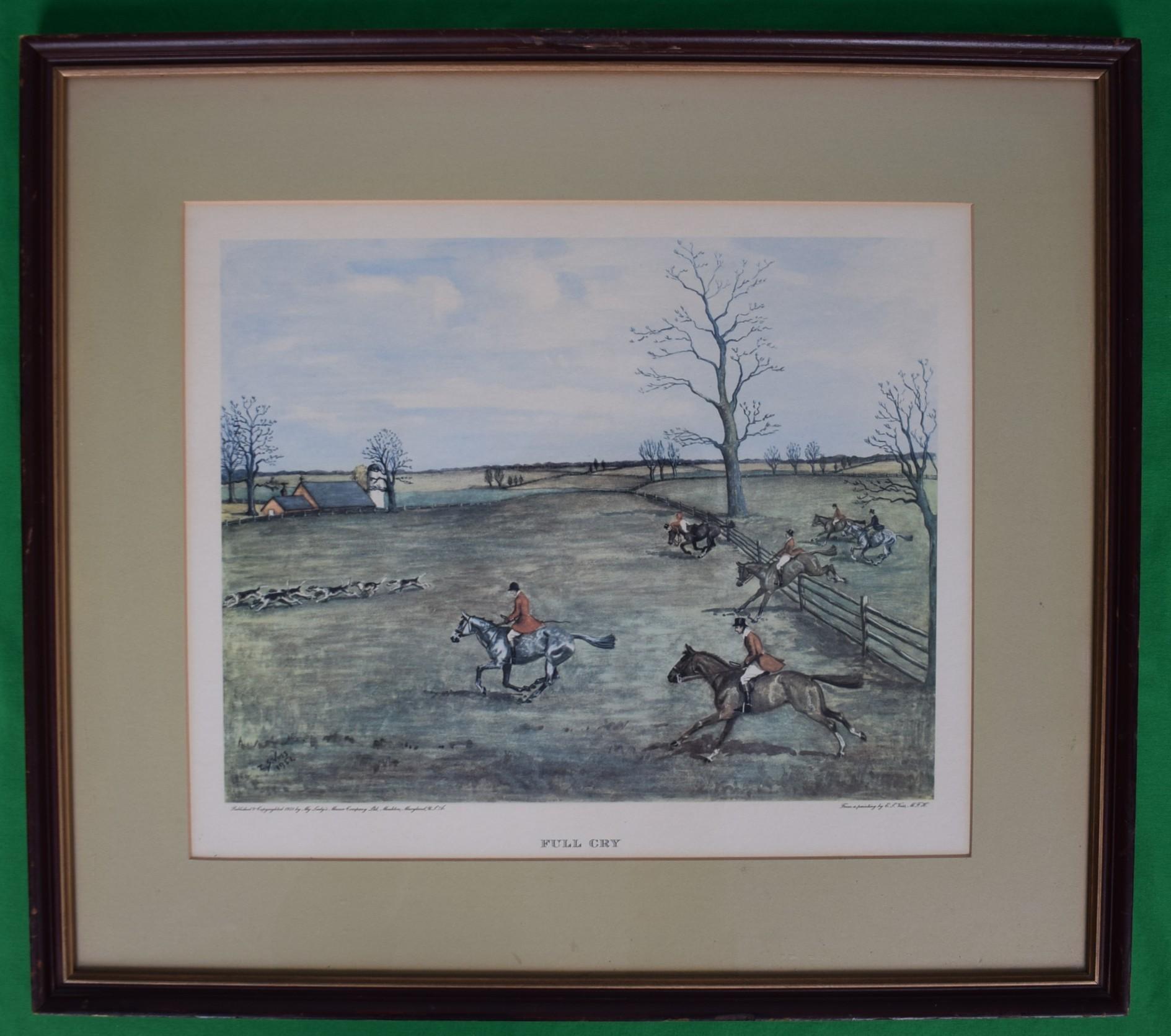Edward S. Voss M.F.H. Monkton, MD

"Full Cry"

Color lithograph on paper

Published 1951 by My Lady's Manor Ltd Monkton, Maryland

Signed in plate to lower left

Print Sz: 12 3/4"H x 15 1/4"W

Frame Sz: 19"H x 21 5/8"W

Edward (Ned) Voss rode in