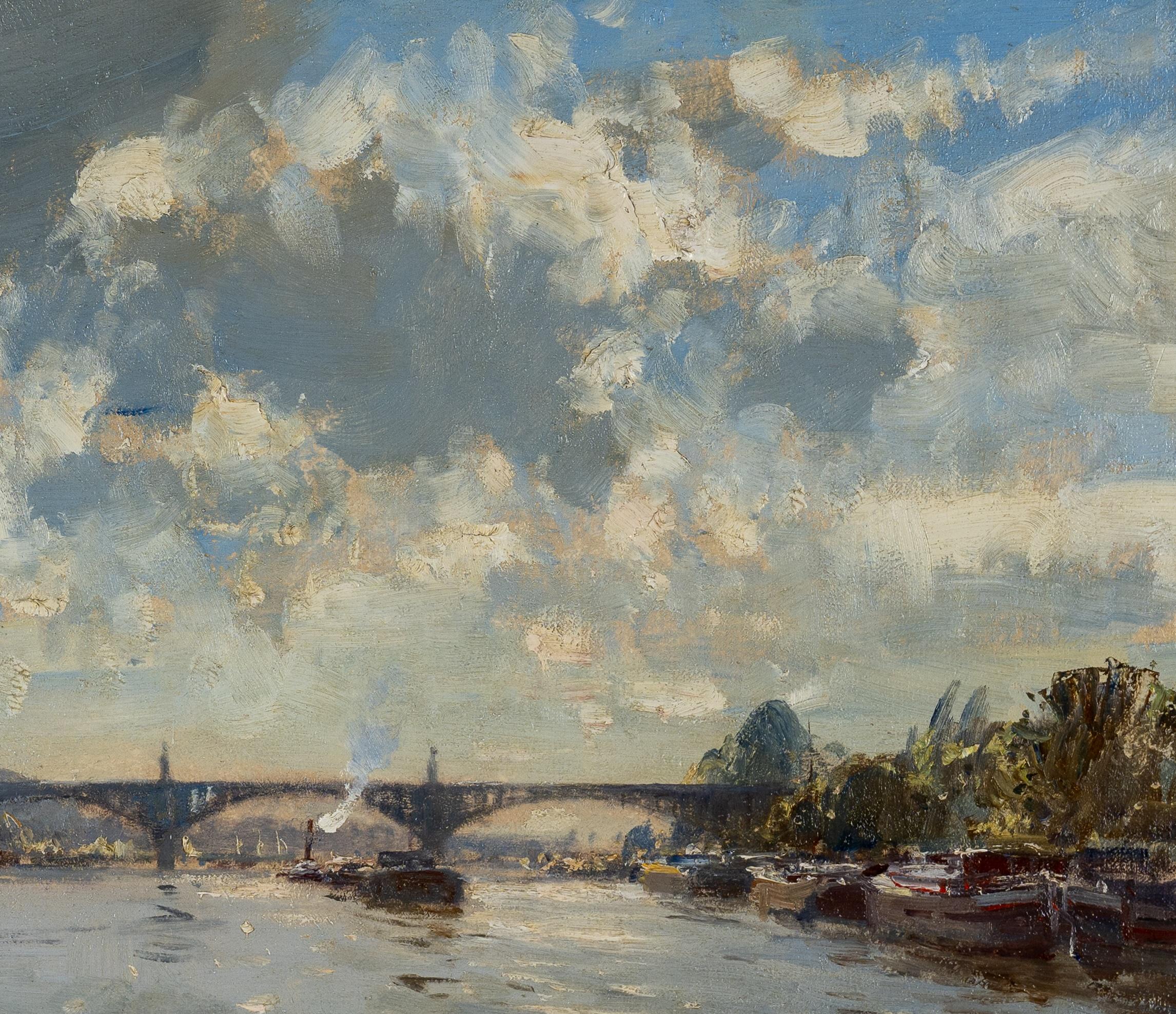 Brücke von St. Oeun Impressionistische Landschaftsmalerei der Seine, Paris (Blau), Landscape Painting, von Edward Seago