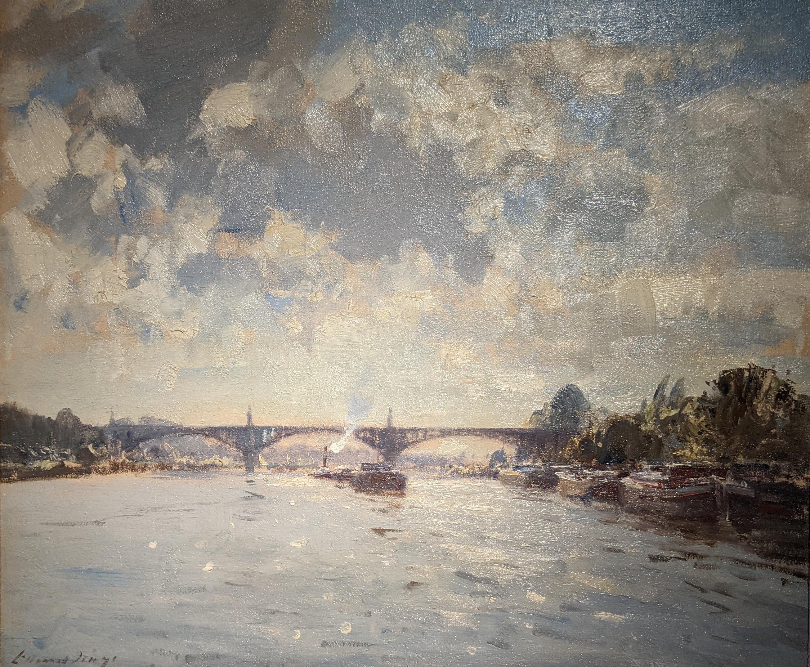 'Bridge at St. Oeun' Landscape painting of a river, bridge and architecture.  - Painting by Edward Seago
