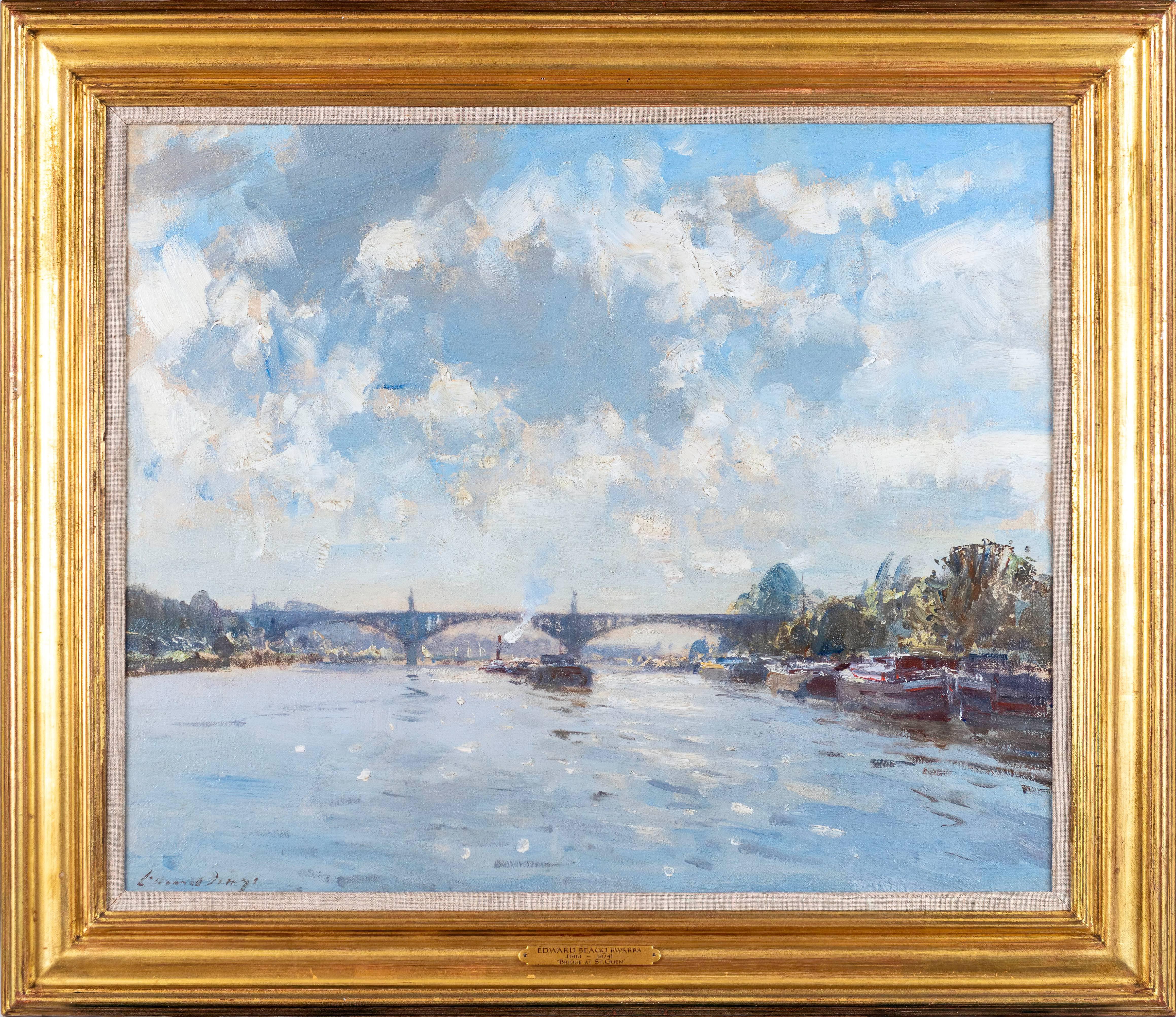 Edward Seago Landscape Painting - 'Bridge at St. Oeun' Landscape painting of a river, bridge and architecture. 