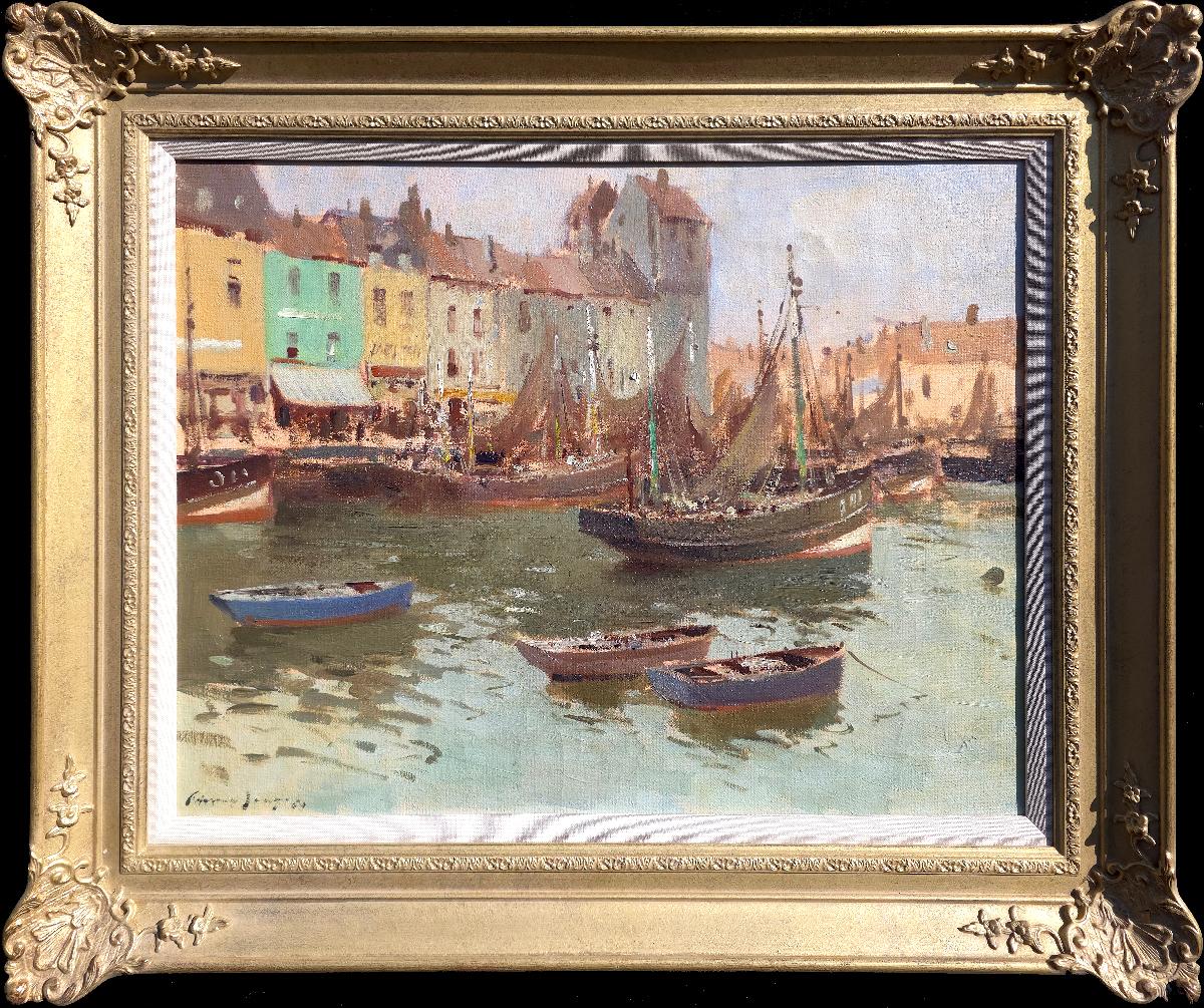 Edward Seago Landscape Painting - Harbour Cafes, Ostend