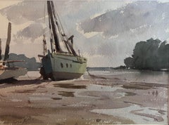 „Low Tide, Pin Mill, Suffolk“ Boote bei Nebel.