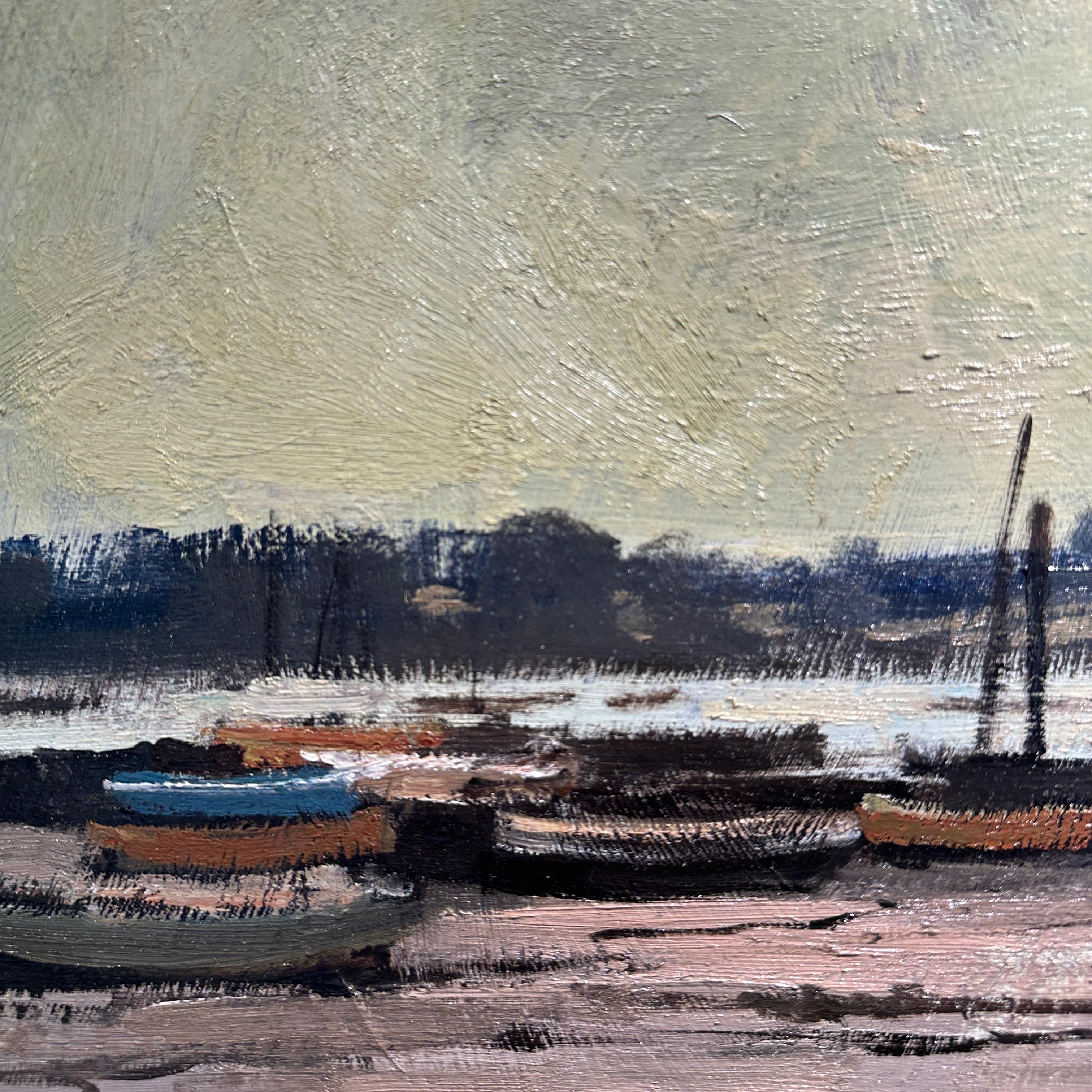 Niedrigwasser auf dem Orwell Impressionistische Landschaft eines englischen Hafens, Fluss, Boote im Angebot 3