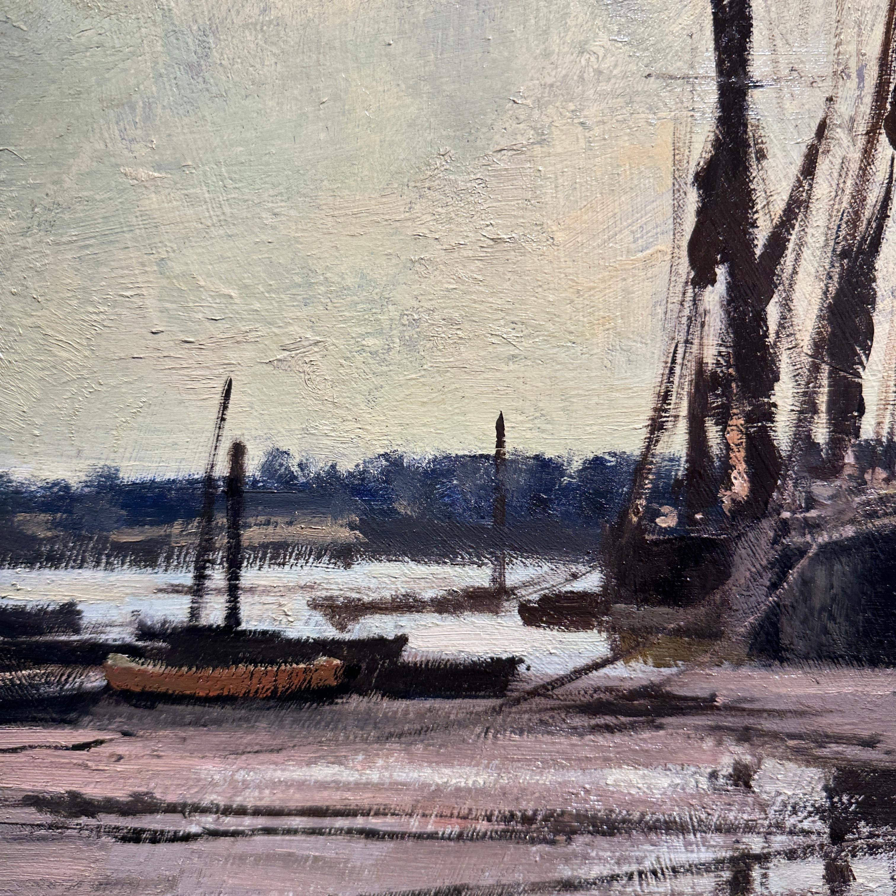 Niedrigwasser auf dem Orwell Impressionistische Landschaft eines englischen Hafens, Fluss, Boote im Angebot 4