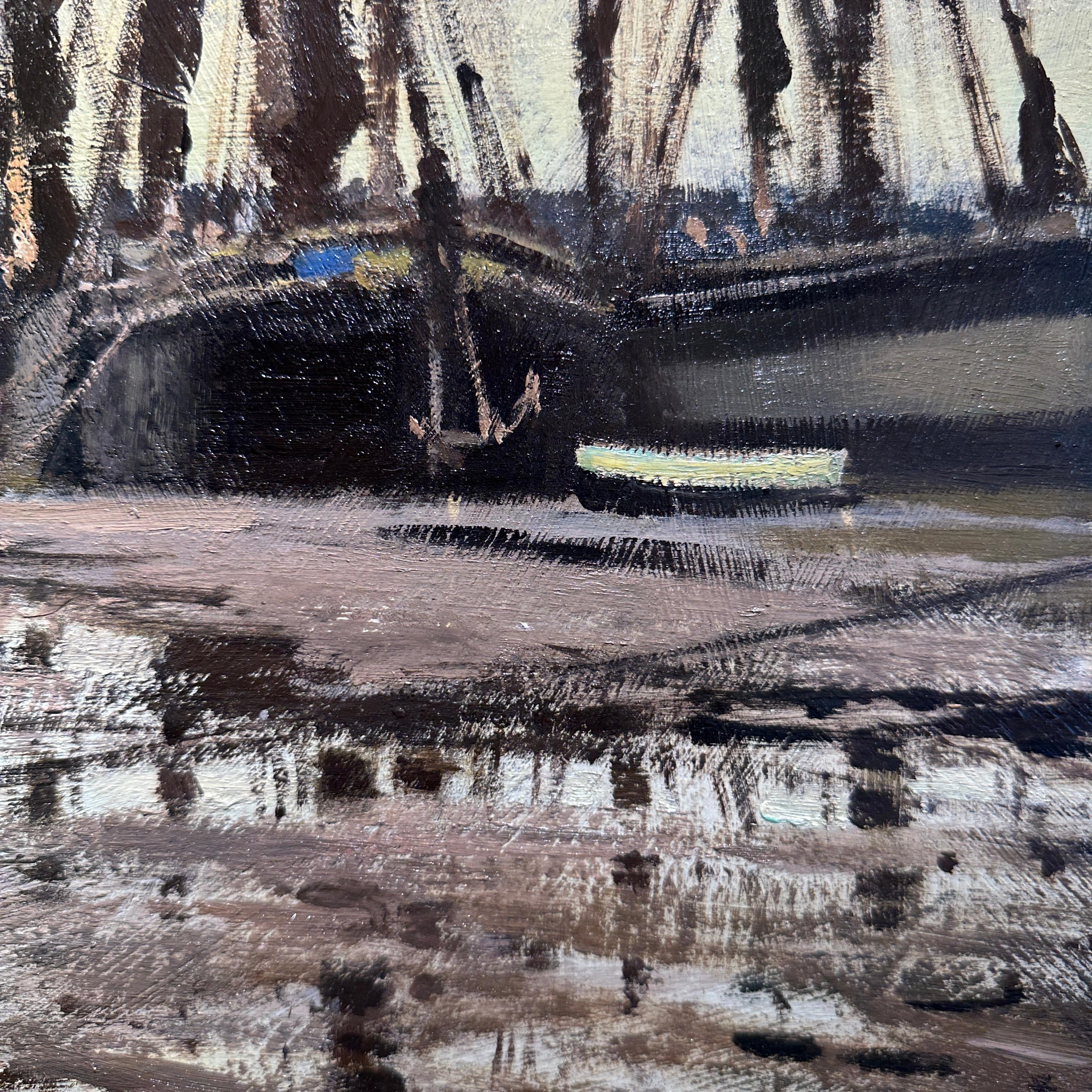 Niedrigwasser auf dem Orwell Impressionistische Landschaft eines englischen Hafens, Fluss, Boote im Angebot 6