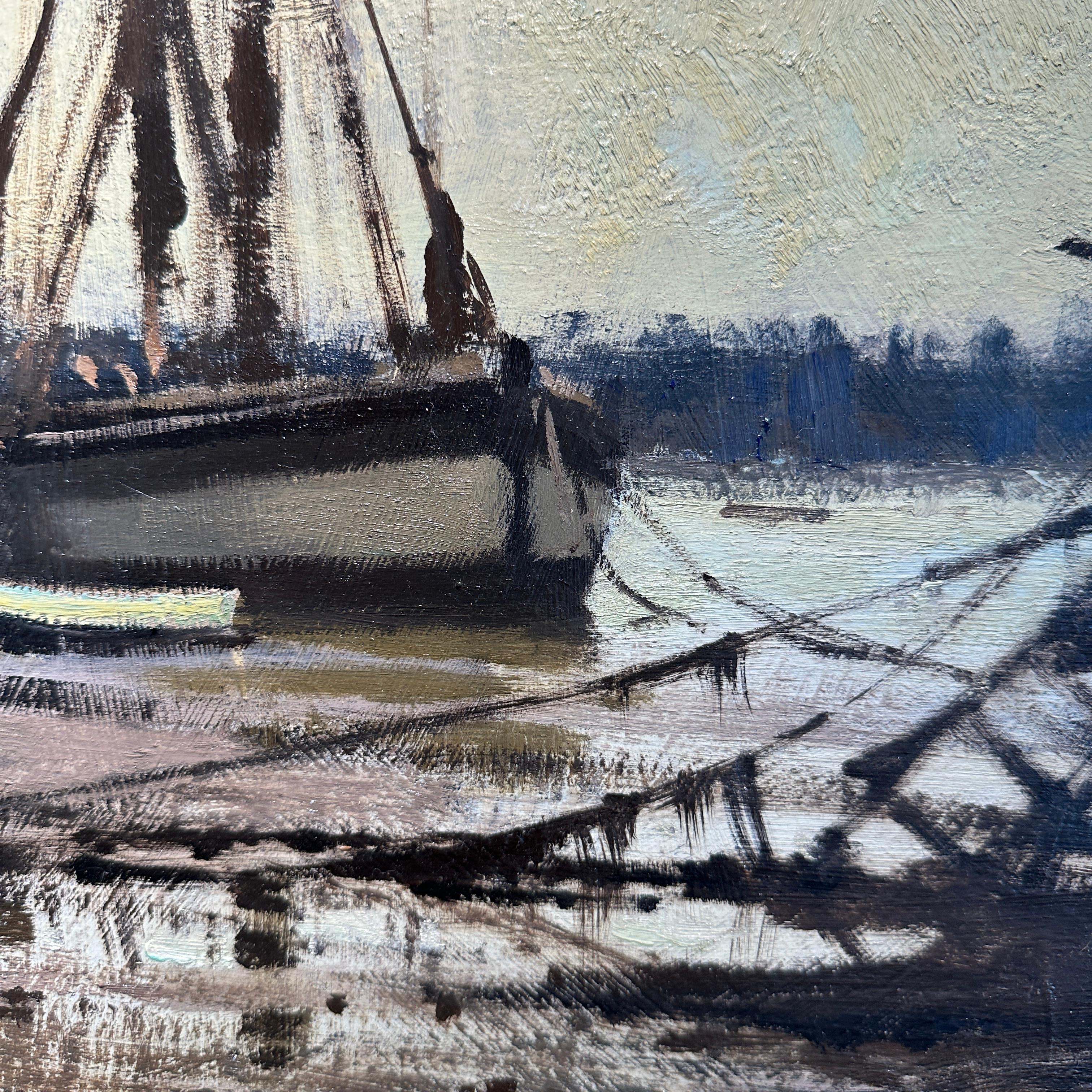 Niedrigwasser auf dem Orwell Impressionistische Landschaft eines englischen Hafens, Fluss, Boote im Angebot 7