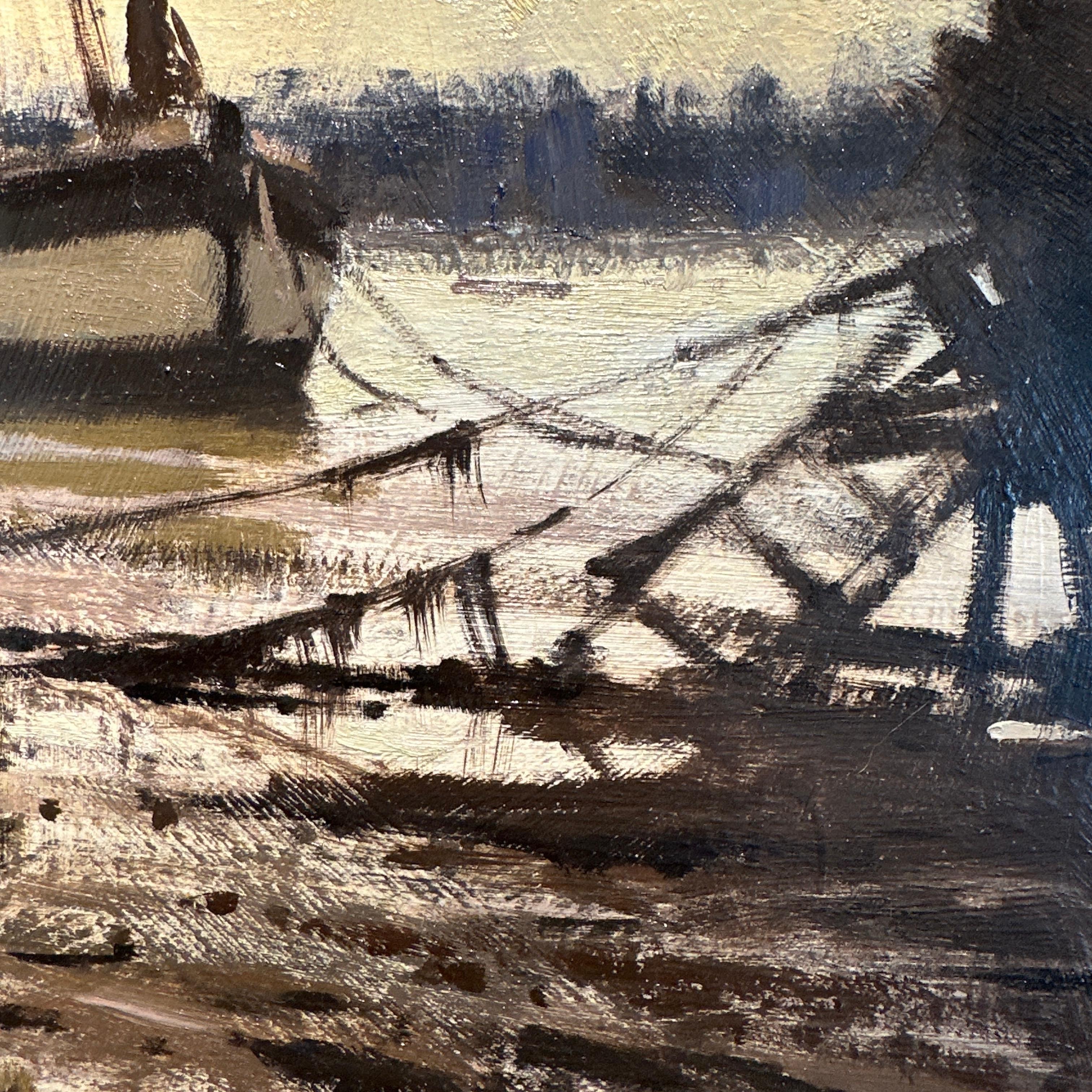 Niedrigwasser auf dem Orwell Impressionistische Landschaft eines englischen Hafens, Fluss, Boote im Angebot 12
