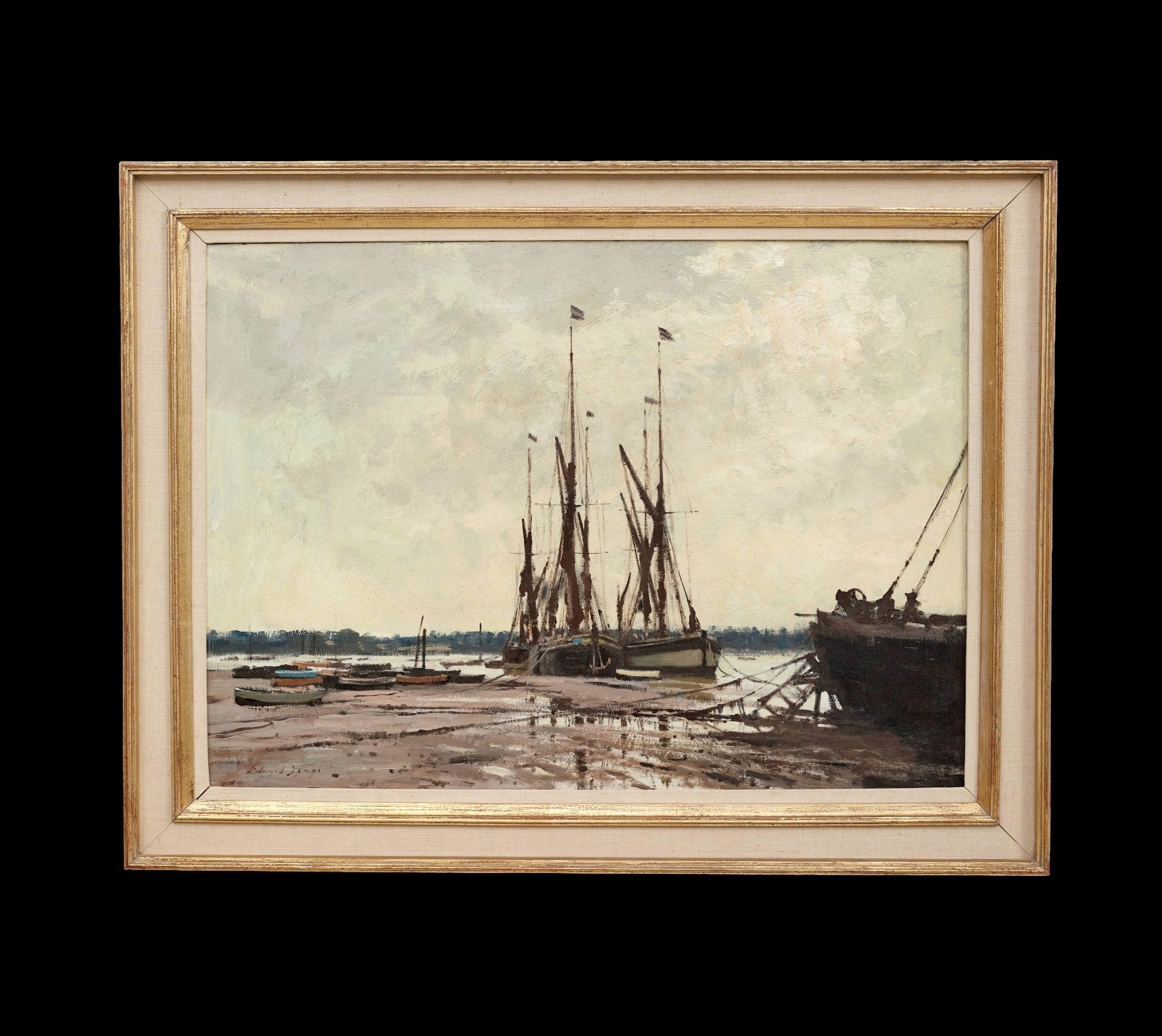 Niedrigwasser auf dem Orwell Impressionistische Landschaft eines englischen Hafens, Fluss, Boote – Painting von Edward Seago