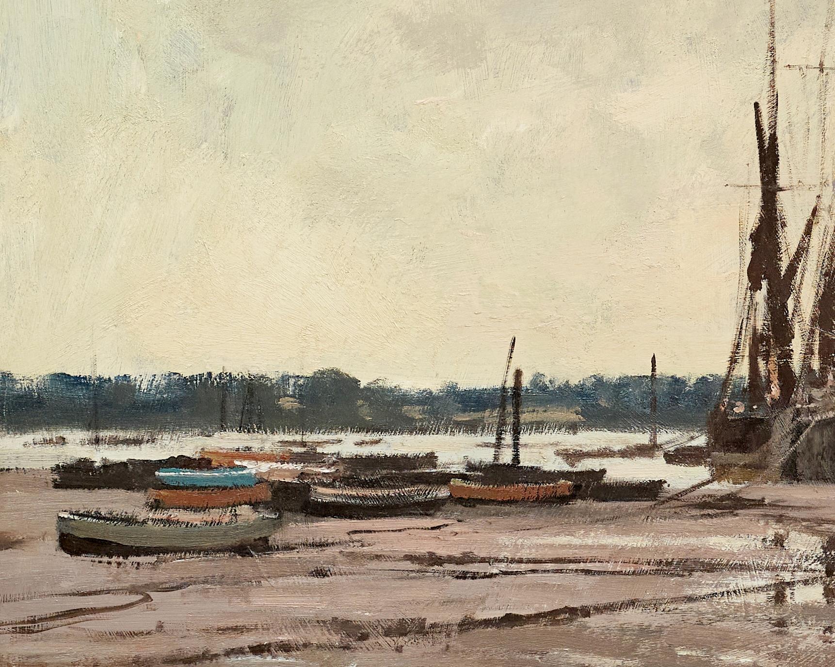 Niedrigwasser auf dem Orwell Impressionistische Landschaft eines englischen Hafens, Fluss, Boote (Beige), Landscape Painting, von Edward Seago