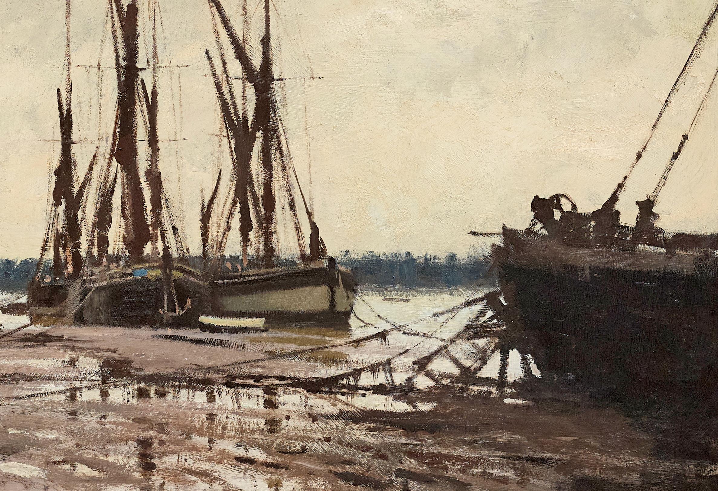 Niedrigwasser auf dem Orwell Impressionistische Landschaft eines englischen Hafens, Fluss, Boote im Angebot 1