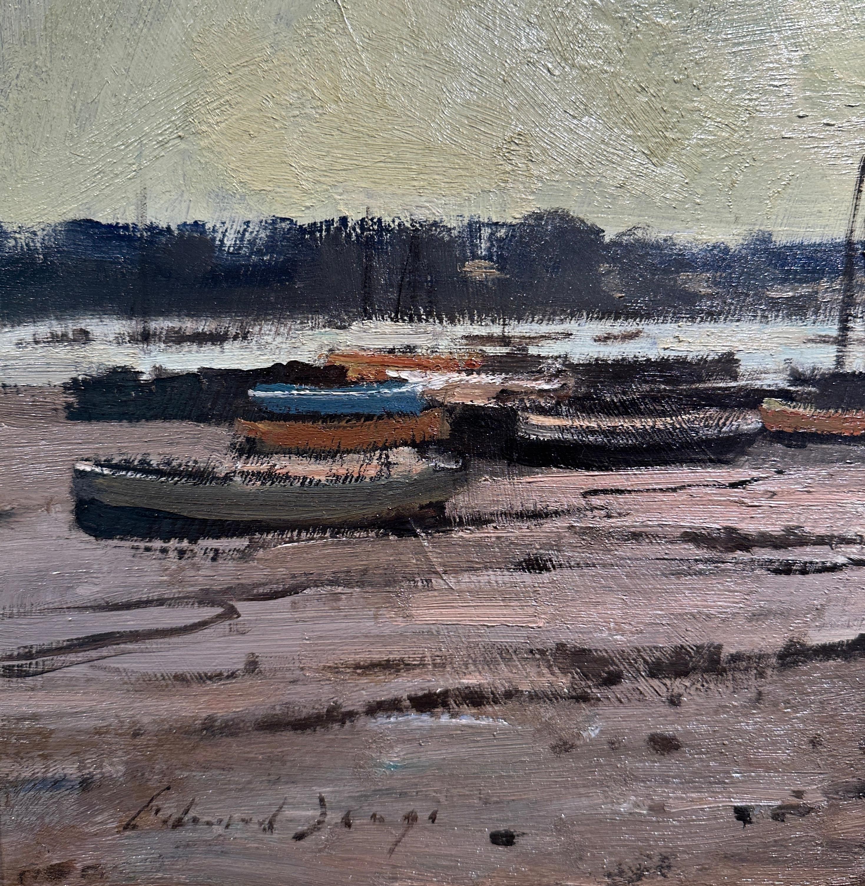 Niedrigwasser auf dem Orwell Impressionistische Landschaft eines englischen Hafens, Fluss, Boote im Angebot 2