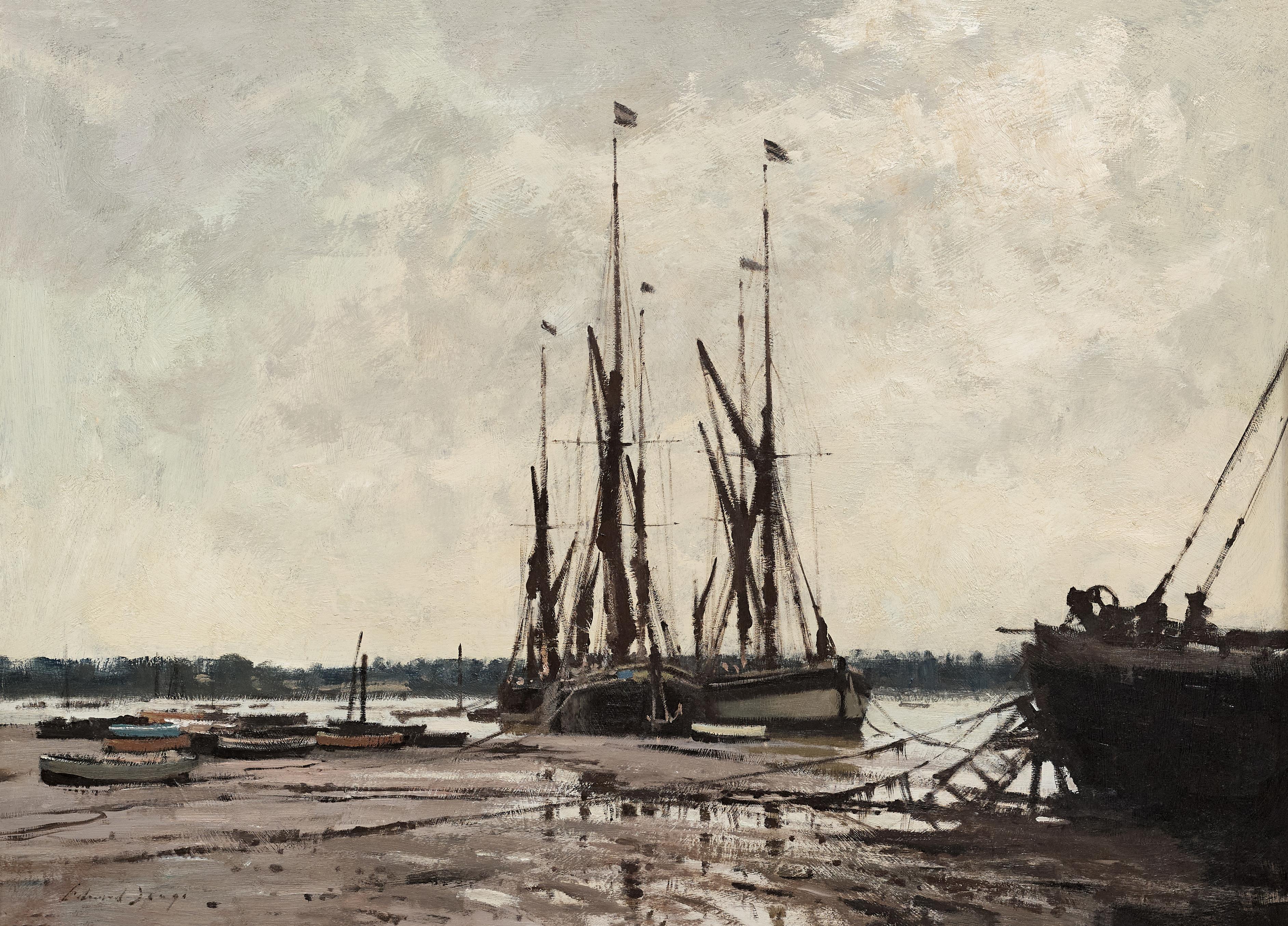 Niedrigwasser auf dem Orwell Impressionistische Landschaft eines englischen Hafens, Fluss, Boote