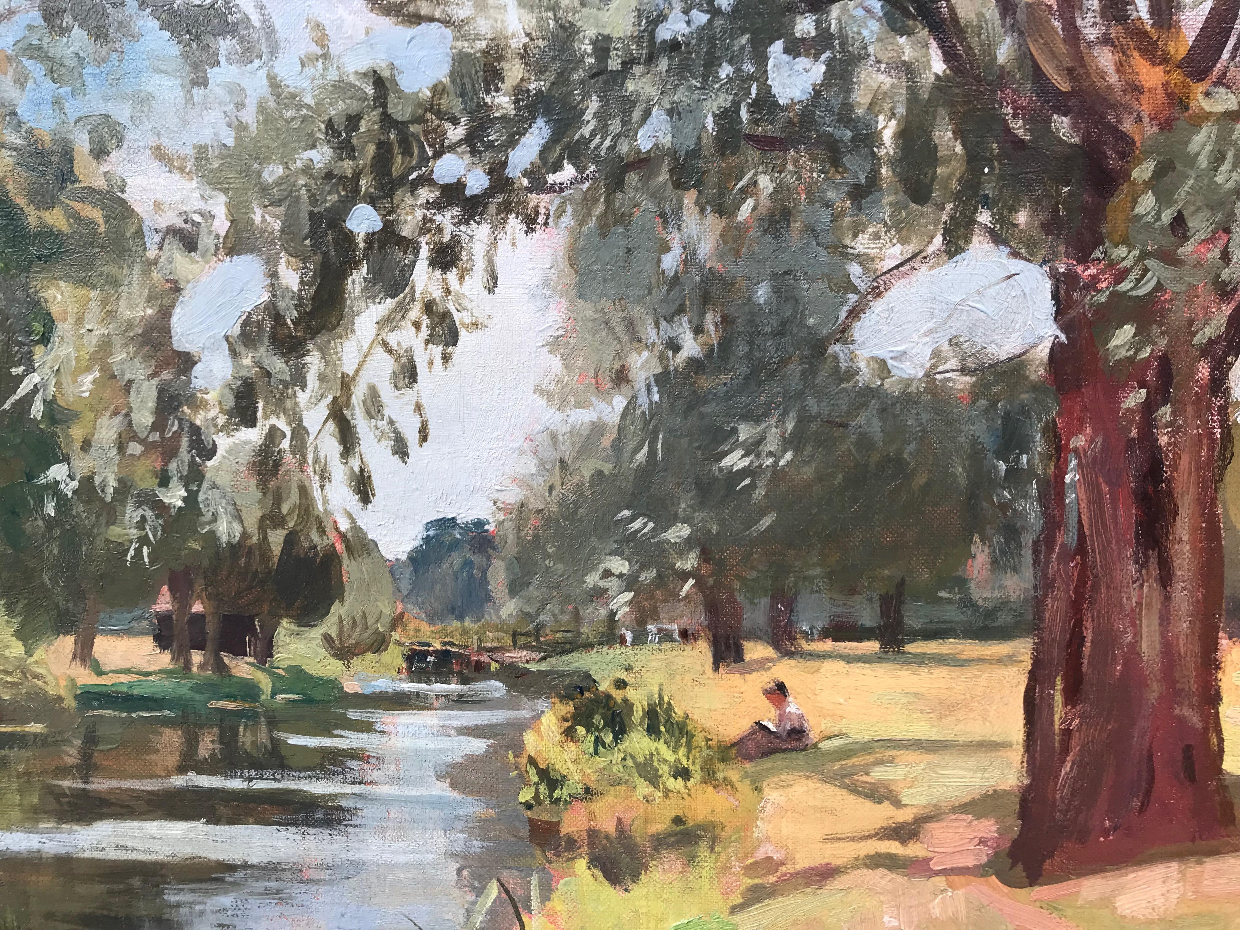Edward SEAGO (1910-1974, British)
Seated Figure Reading by a River
Oil on canvas
Stamped signature on reverse
Framed 18 ½ x 22 ¾ inches

Provenance: Private Estate, Maryland

A beautifully warm and serene depiction of a riverside landscape at the