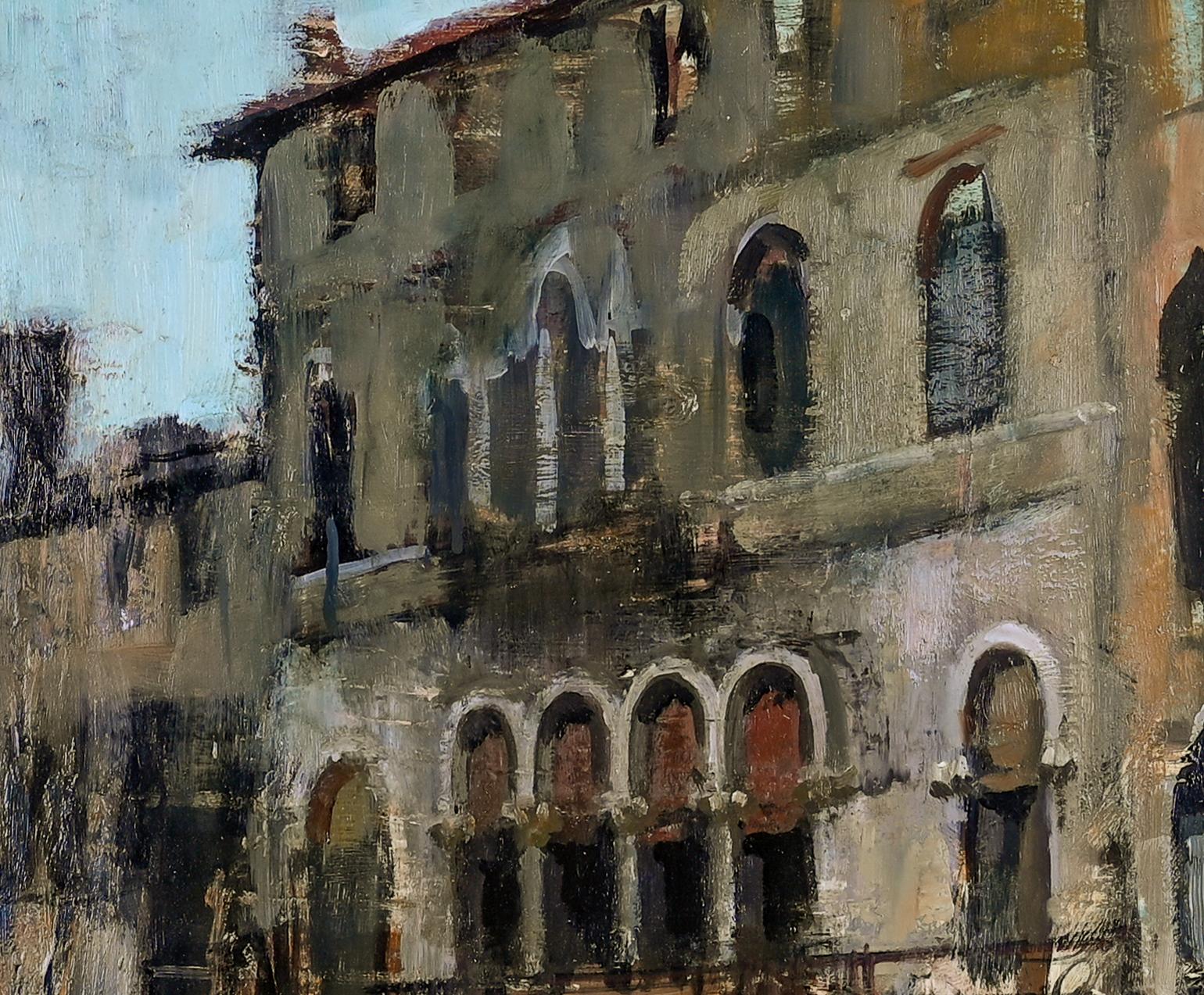 Façade vénitienne Peinture impressionniste atmosphérique des canaux de Venise, eau - Noir Landscape Painting par Edward Seago