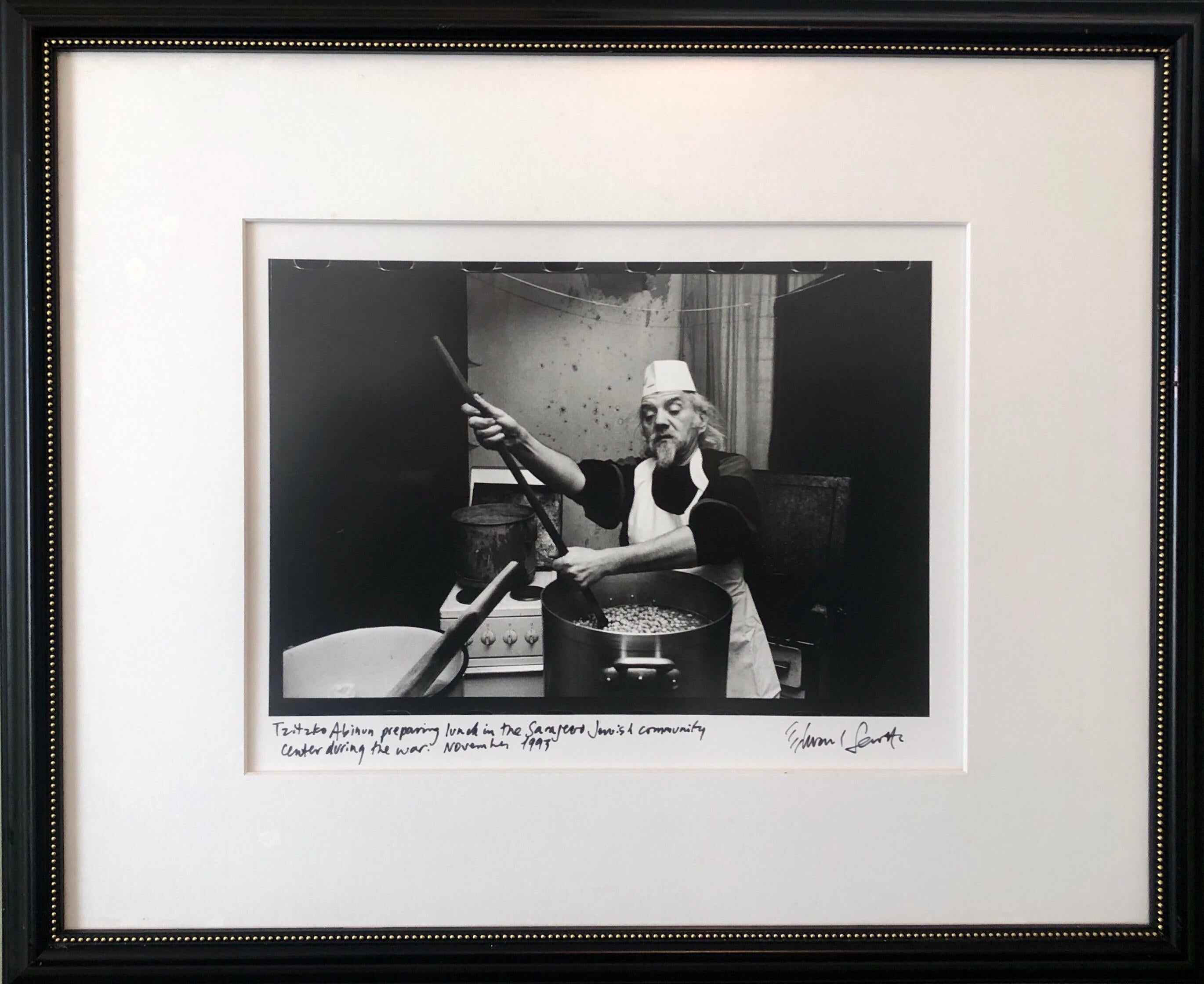 
Edward Serotta
Tzitzko Abinun (Man cooking) . Judaica. 	
 silver gelatin print, matted, captioned by hand and hand signed and numbered. B/W photographs documenting Jewish life in Eastern and Central Europe. 
Edward Serotta is a journalist,