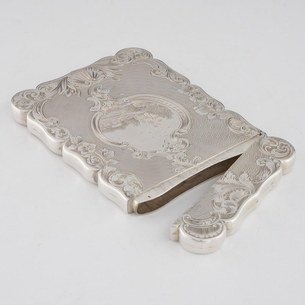 Victorian Edward Smith Sterling Silver Card Case with Engraved Castle Birmingham 1844 For Sale