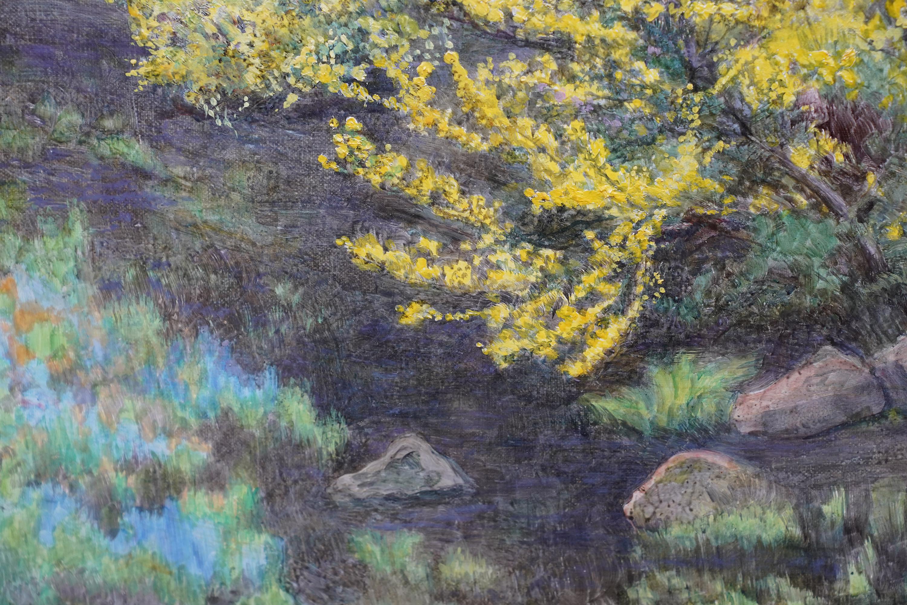 This superb 1913 late Pre-Raphaelite spring landscape oil painting is by noted Birmingham artist Edward Steel Harper Junior. The title, Life Kindled from a Fiery Birth is from Swinburne's epic poem `Tristram of Lyonesse` (1882), see more details