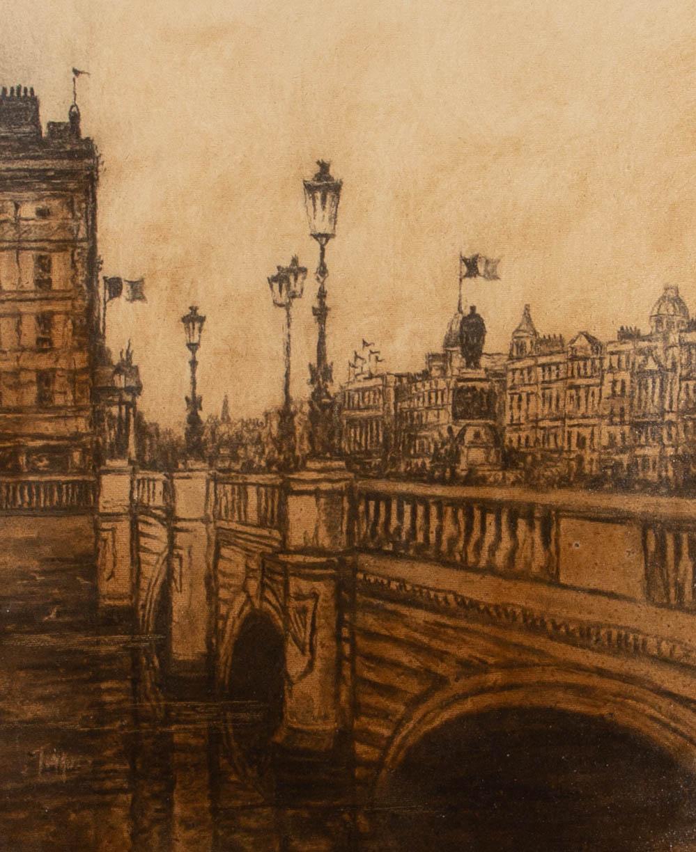 A monochrome oil depiction of O'Connell bridge in Dublin, Ireland. The artist has signed to the lower left corner and the painting has been presented in a gilt frame with linen slip. On canvas board.
