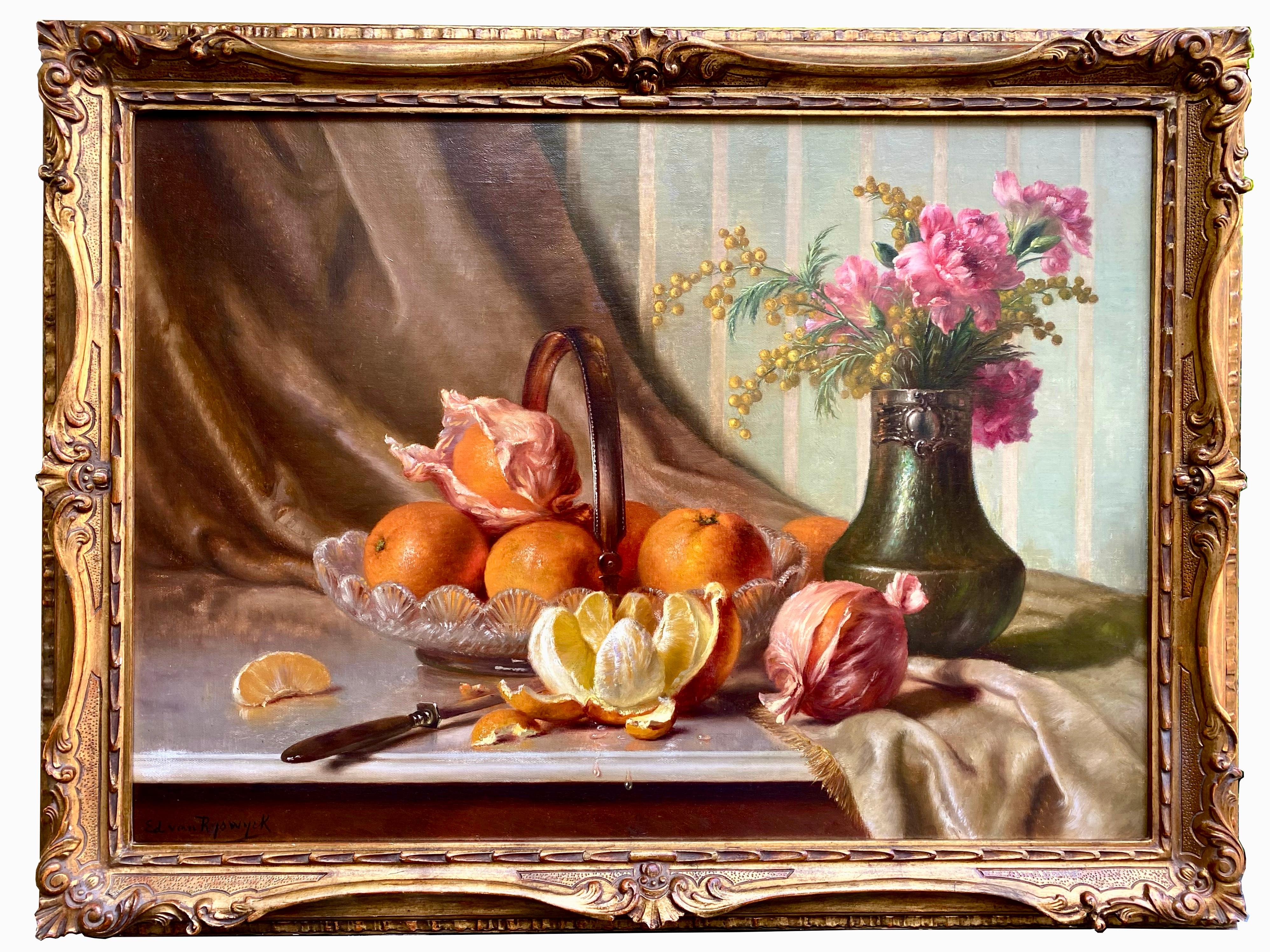 Van Ryswyck Edward
Antwerp 1871 – 1931
Belgian Painter

Still Life with Oranges and Flowers
Signature: Signed bottom left
Medium: Oil on canvas
Dimensions: Image size 51 x 72 cm, frame size 61,50 x 81,50 cm

Biography: Van Ryswyck Edward was born on