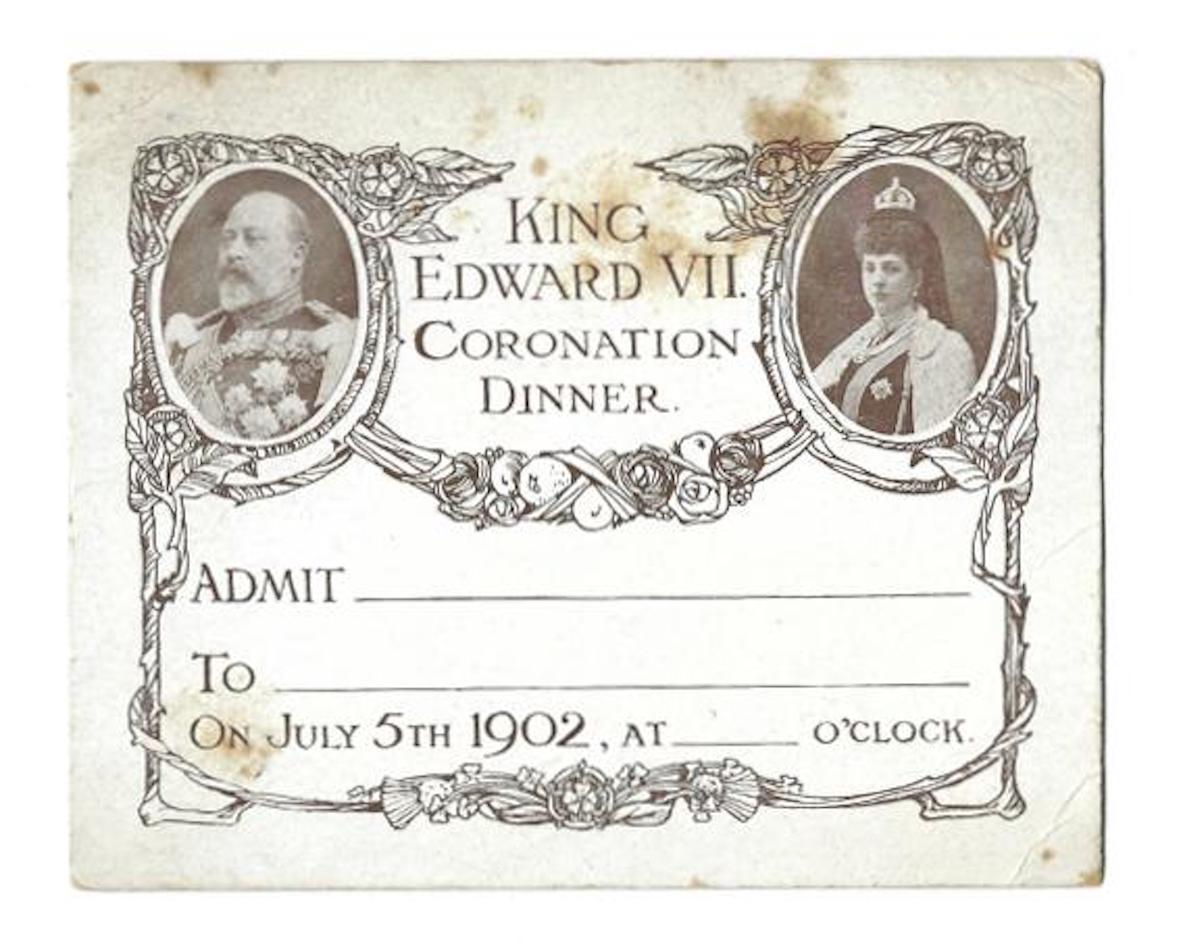 Highly rare and sought after official Edward VII and Queen Alexandra coronation dinner invite.

The blank invitation features portraits of Edward and Queen Alexandra, and states: ''King Edward VII Coronation Dinner / Admit / To / On July 5th
