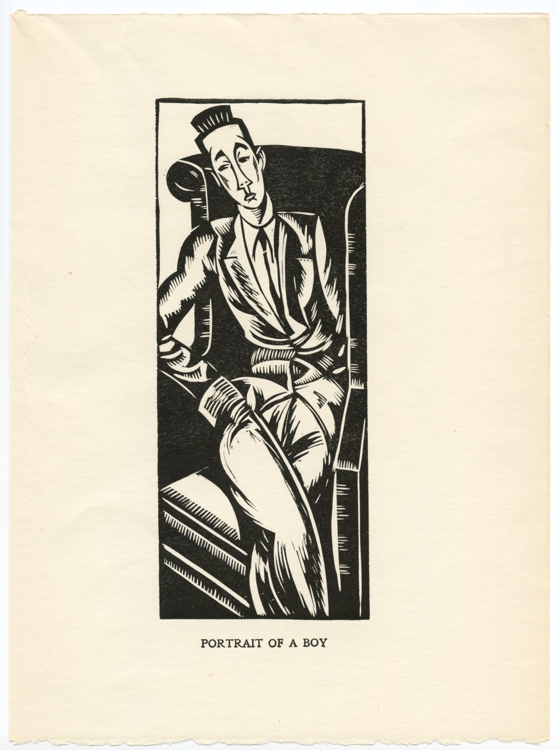 Edward Wadsworth Figurative Print – „Porträt eines Jungen (Rupert Doone)“ Original-Holzschnitt