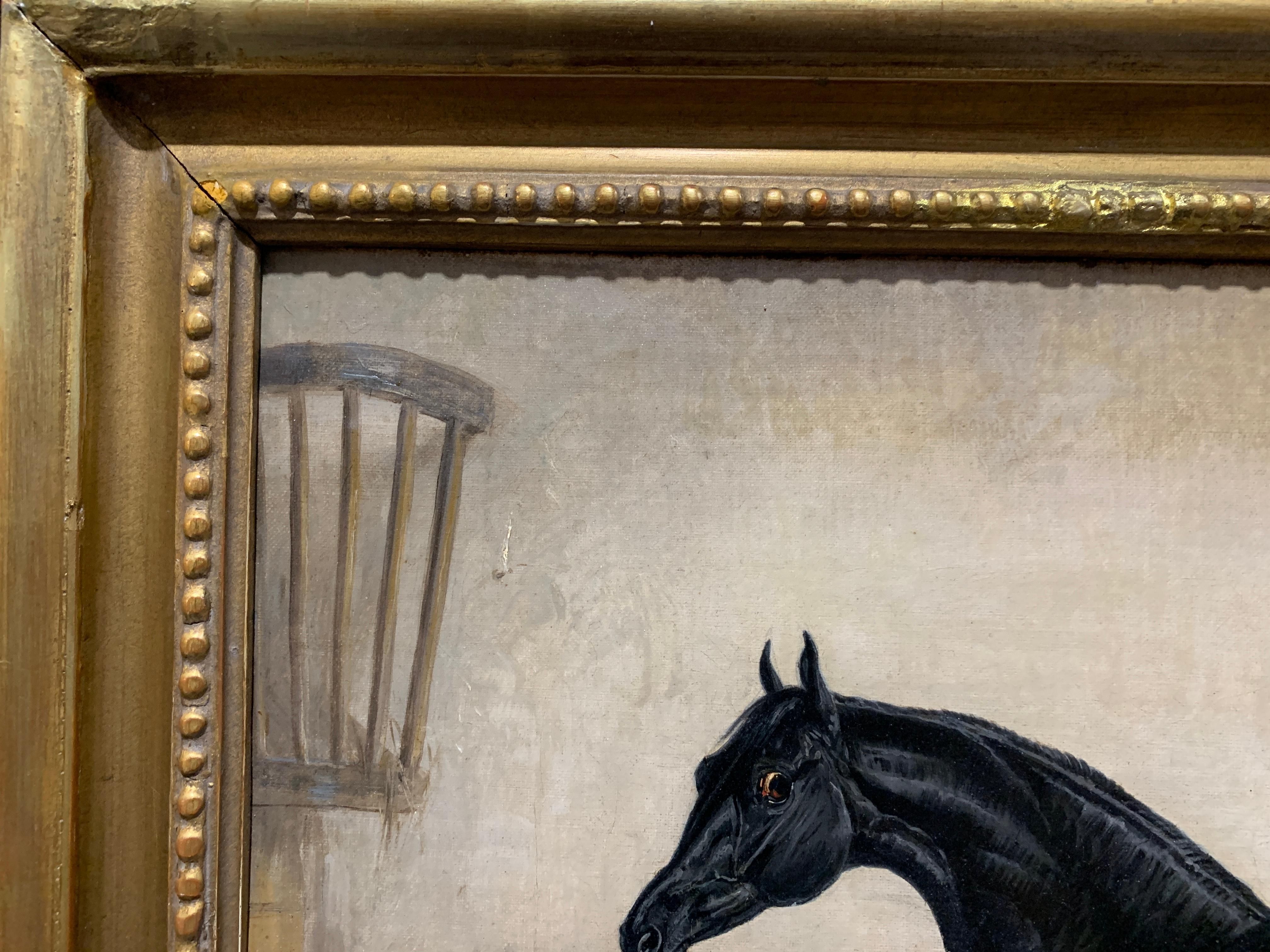 19th century English Victorian oil portrait of a black Horse in a stable. 2