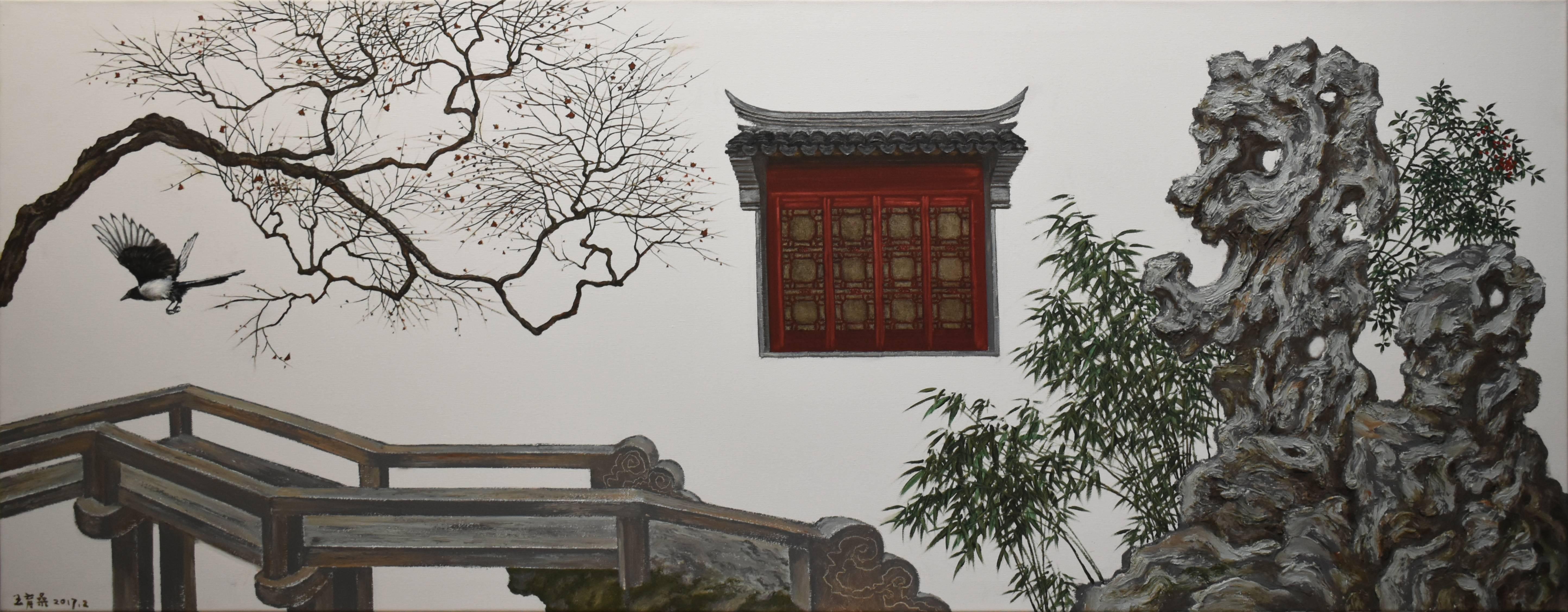 Edward Wang Still-Life Painting - Poetic & Romantic Suzhou Garden & bird and rock portrayed in conceptual style