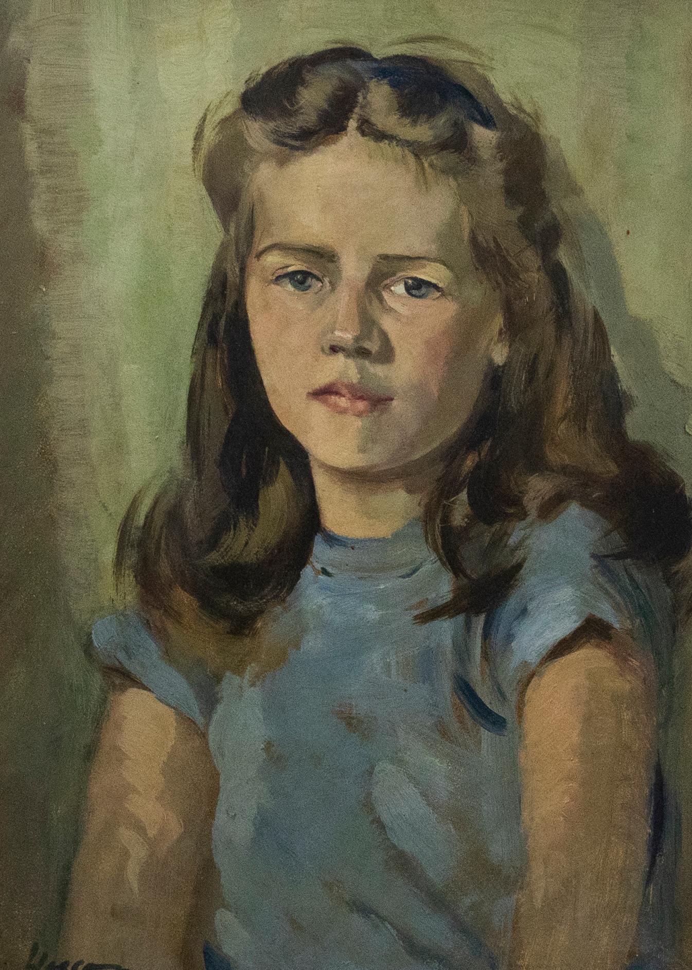 An accomplished oil portrait of Sally Jean McGowan by the listed British Painter Edward Wesson. Here Wesson captures young Sally in gestural brush strokes, giving the composition a wonderful loose and relaxed feeling, much like the sitter. The