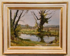 Peinture à l'huile d'Edward Wesson "The Wylye River at Wishford Wiltshire" (La rivière Wylye à Wishford Wiltshire)